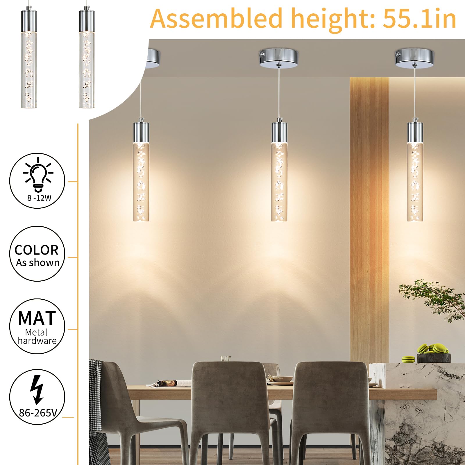 Daoseolo Modern LED Pendant Light, Chrome Bubble Fixture, 3 Color Options, Small Size, Ideal for Kitchen Island and Dining Room