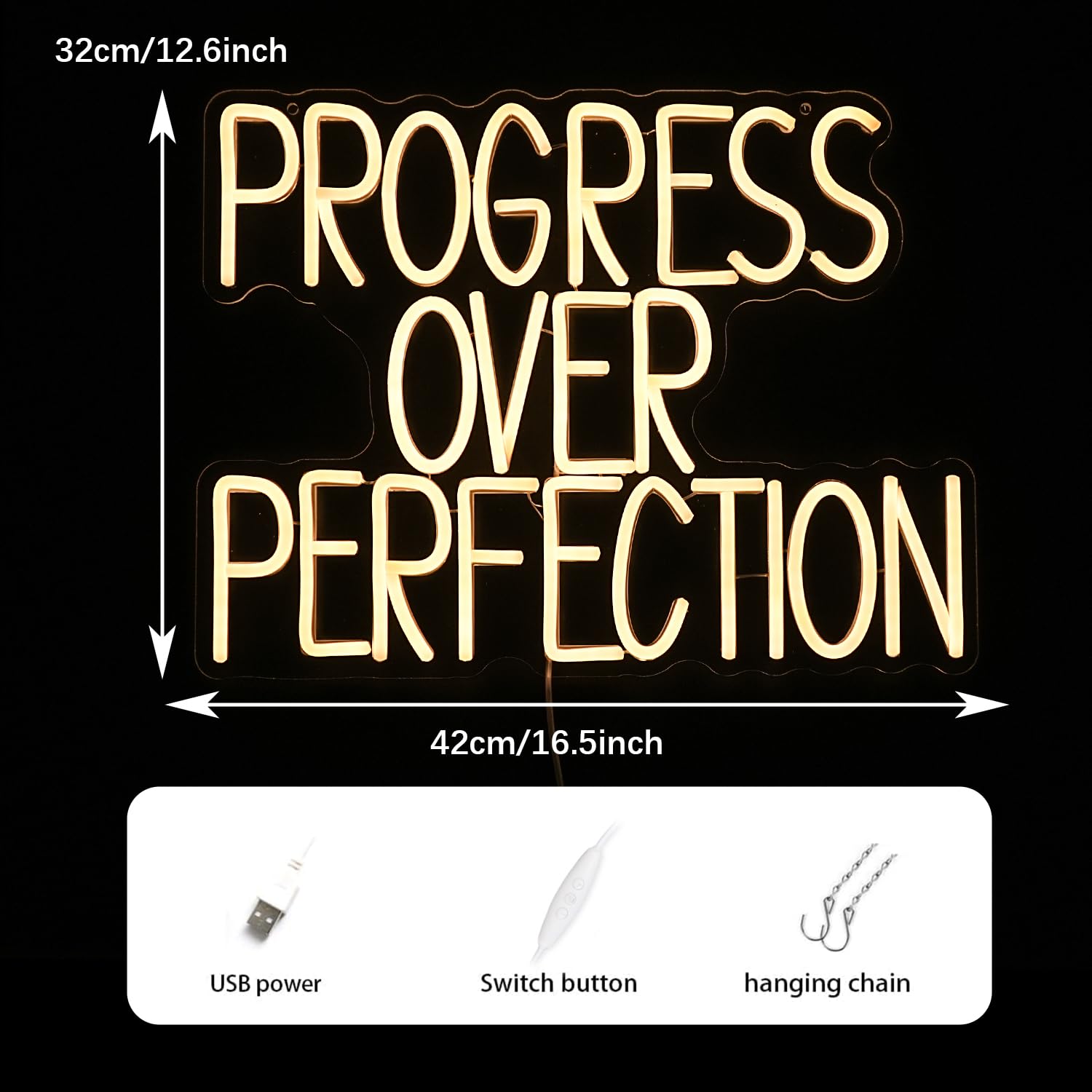 GNVETZLL Progress Over Perfection Neon Sign LED Wall Decor Warm White 16.5x12.6in Acrylic USB Powered