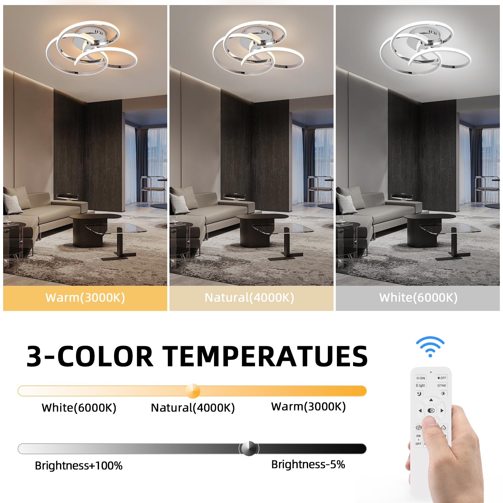 CANEOE Modern LED Ceiling Light Fixture, 42W Dimmable Flush Mount Lamp, Chrome, Model CL-3BH-D-US, Remote Control, for Bedroom, Living Room, Kitchen