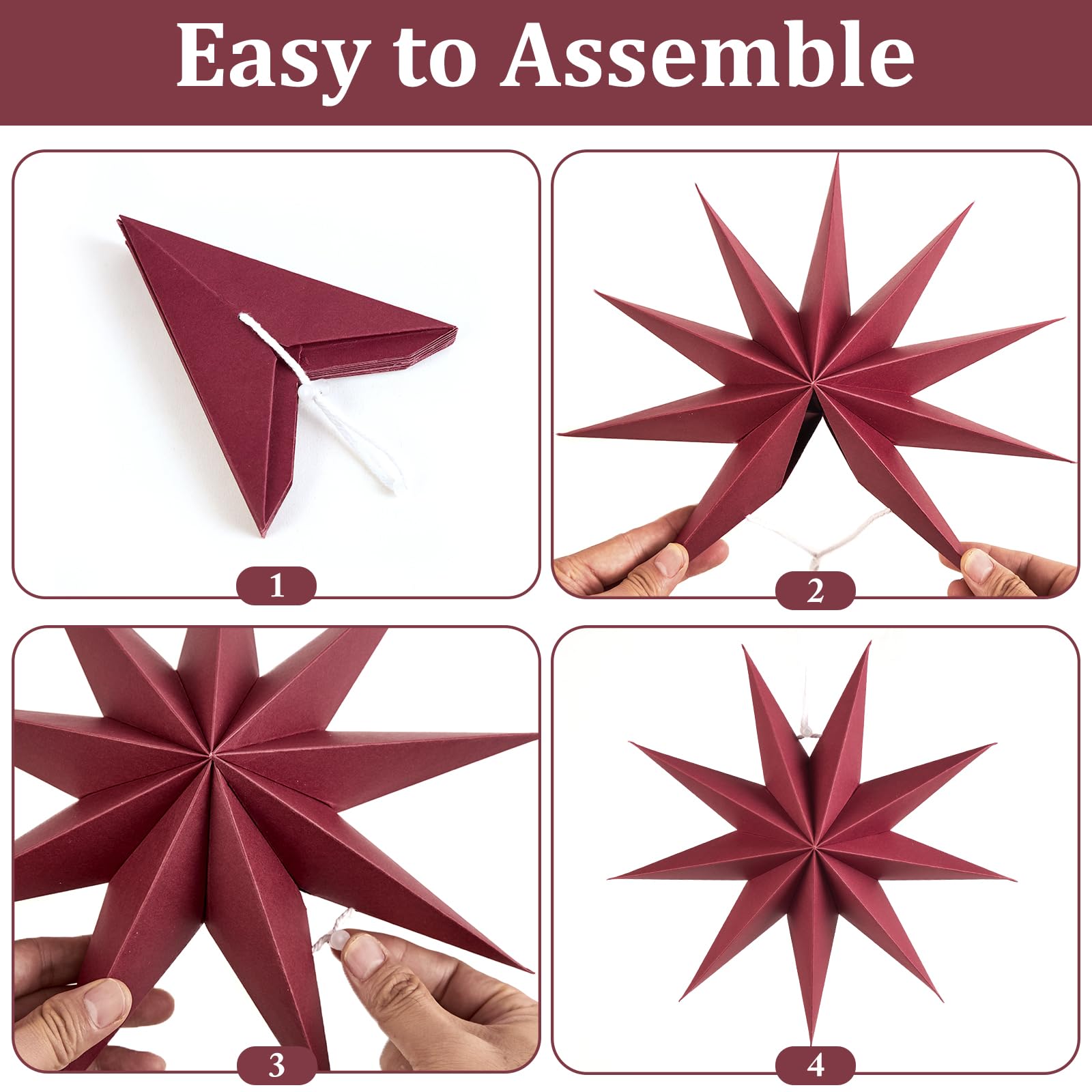 Sunbeauty 3 Pcs 9-Pointed Brown Burgundy White Paper Star Lanterns 12 Inch Christmas Hanging Lamp Rustic Paper Decorations Shade