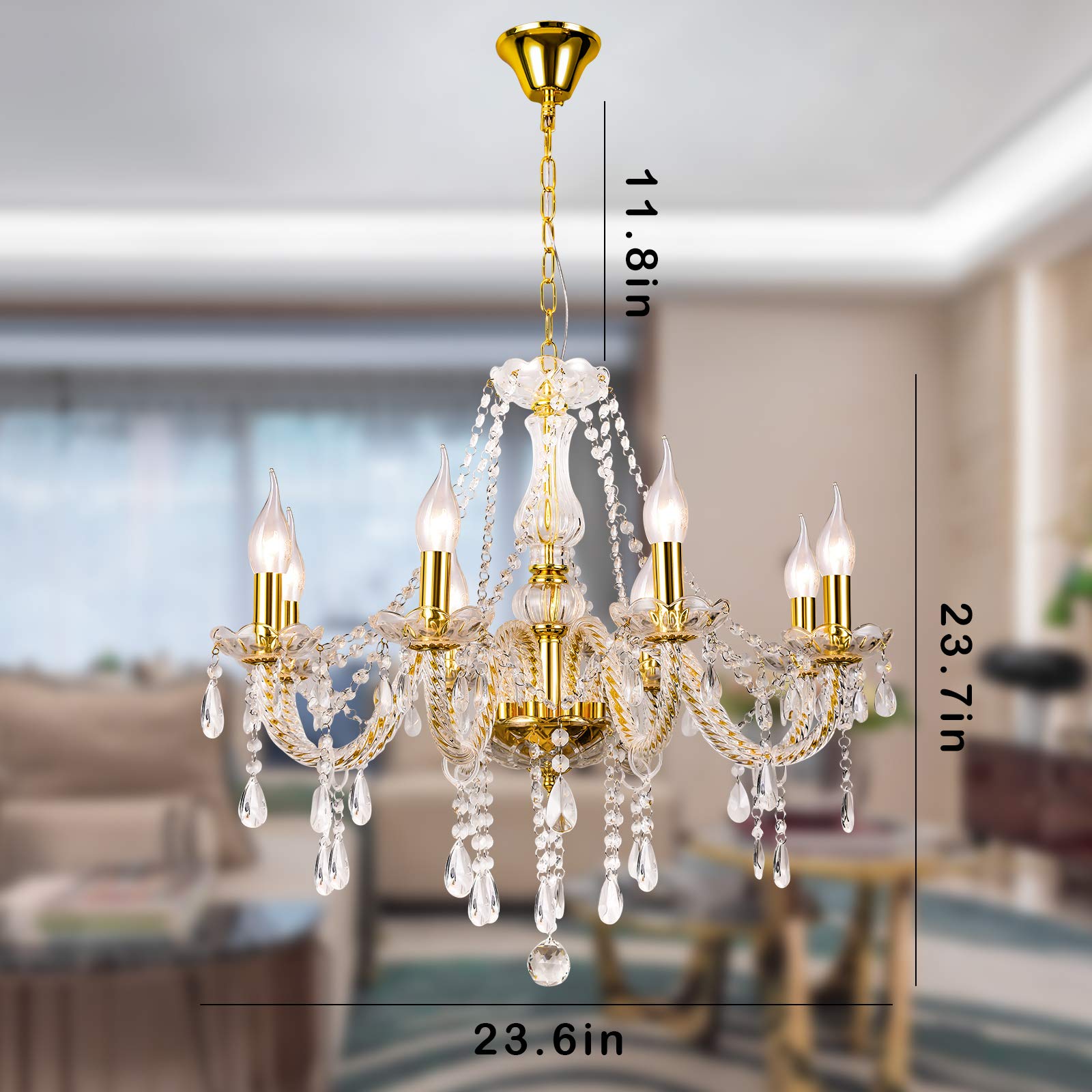 Bavnnro Gold Crystal Chandelier, 8 Lights Modern Glass Pendant Lamp for Dining Room, Living Room, Hall, Balcony