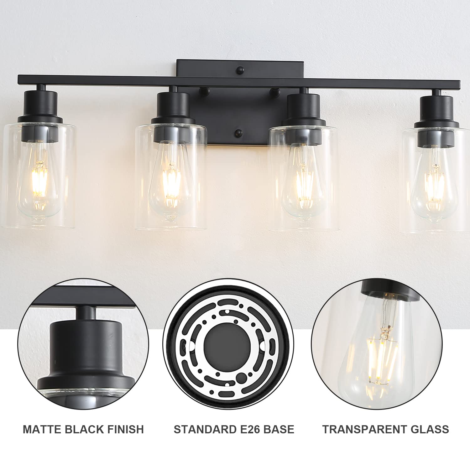Emong 4 Light Bathroom Vanity Light, Matte Black Bathroom Light Fixtures With Glass Shade, Modern Wall Sconces Lighting For Bath