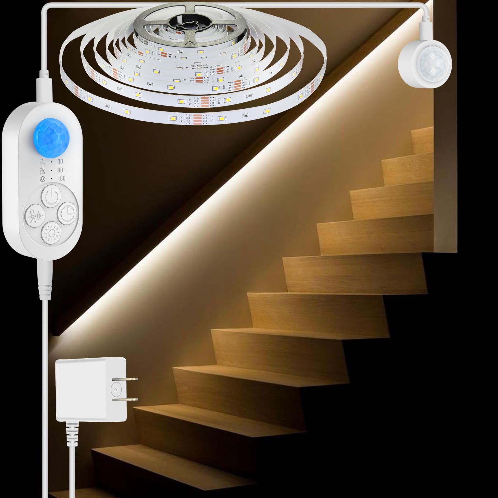 Dual Motion Sensor Light Indoor - Plug-In Motion Activated Led Stair Light Strip Step Light With Double Sensors  Dimmer And Timer For Stairway  Bedroom  Corridor (Warm White 3000K 32.8Ft Light Strip)