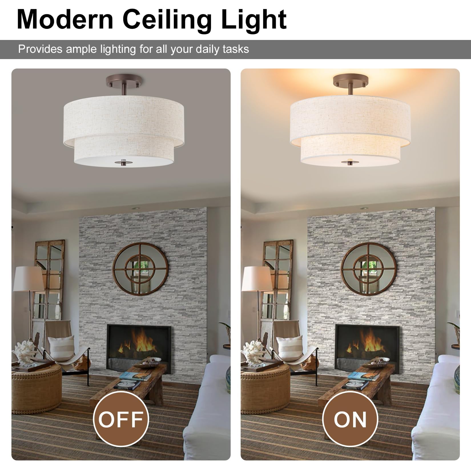 Bargeni 16'' Semi Flush Mount Ceiling Light, 3-Light Drum Ceiling Light Fixture, Oil Rubbed Bronze With Double Linen Fabric Shad