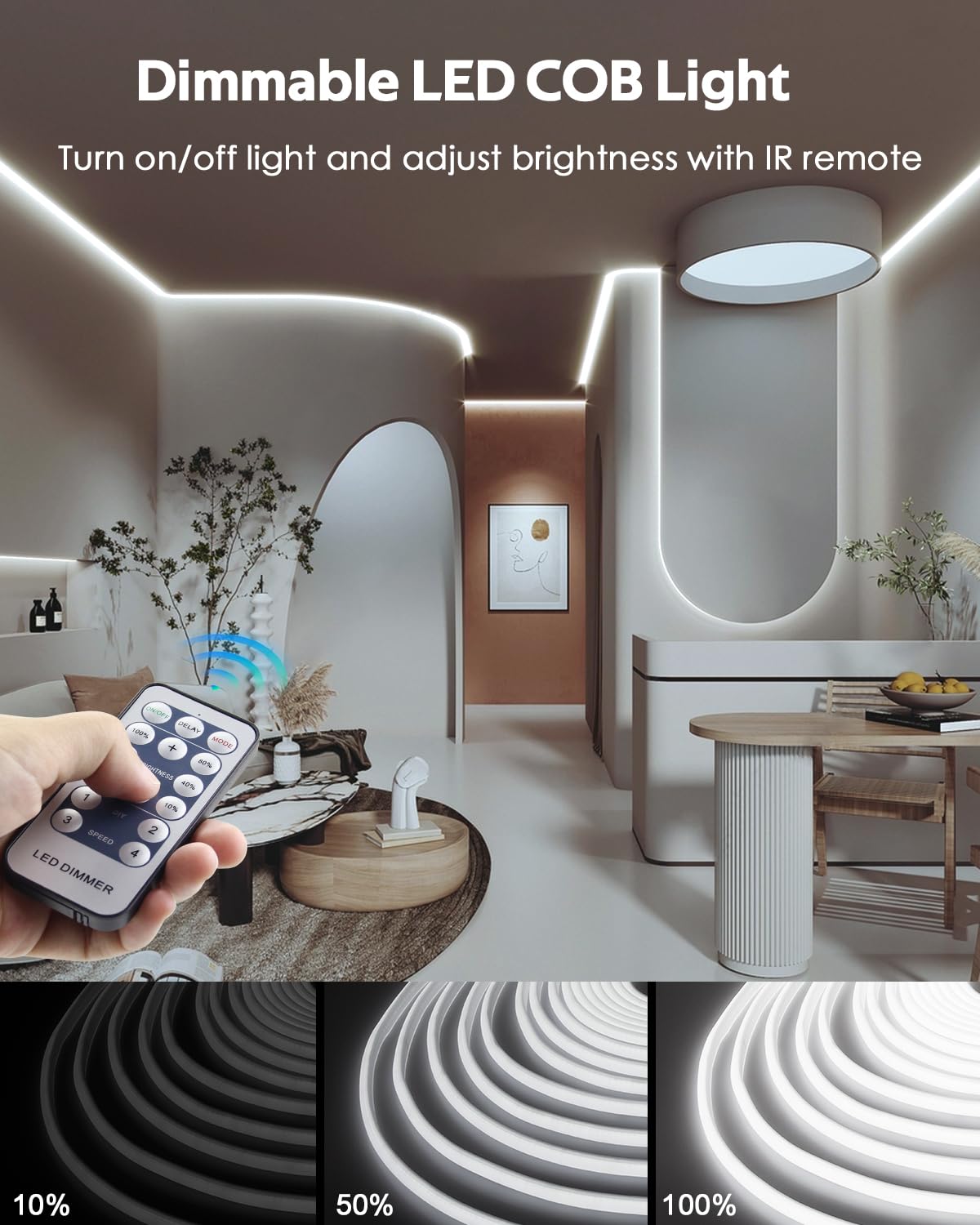 Samsion 50Ft Rope Led Lights For Bedroom With Remote Dimmable Fcob Cob Led Strip Light 6000K Ac 110V White Flexible Led Light Strip Outdoor Waterproof For Garden Building Commerical Decor 15M