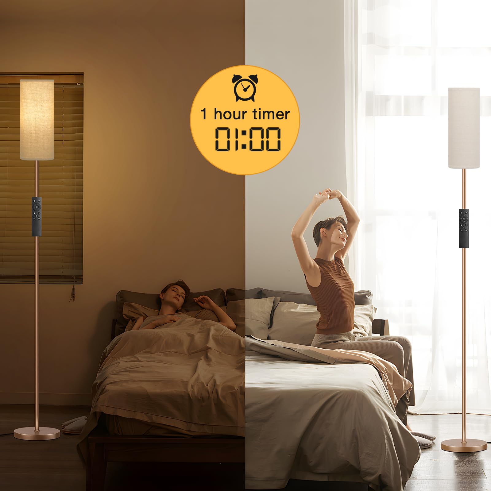 Ambimall 64'' Floor Lamps For Living Room With Remote Control And Stepless Dimmable Colors Temperature & Brightness, 9W Bulb Included(Beige Lampshade & Brown Pole)