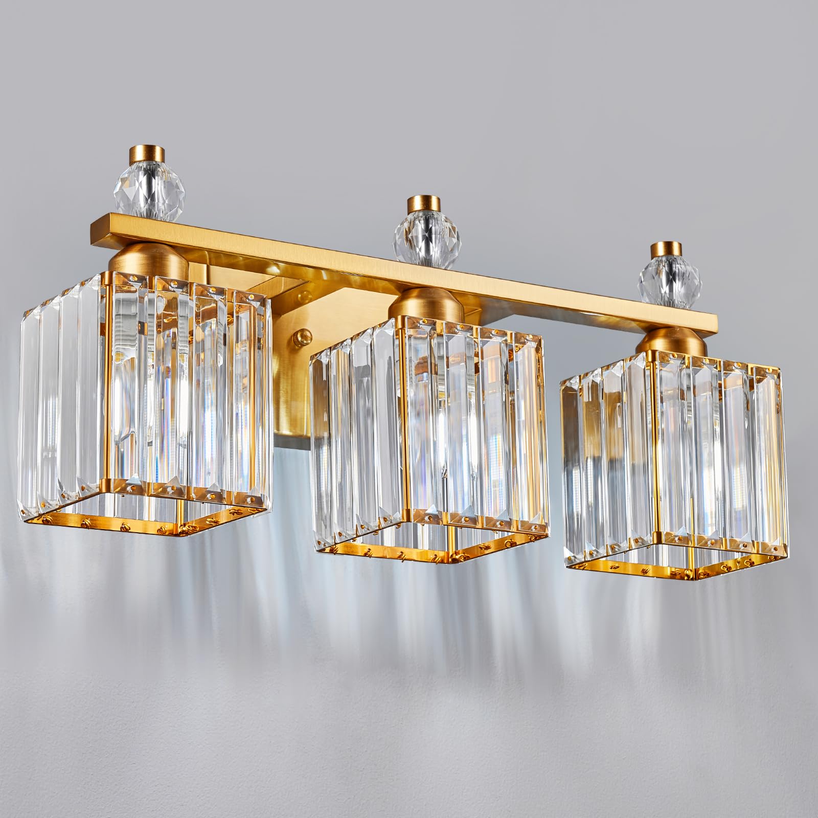 FDPBY 3-Light Bathroom Vanity Light Fixture, Gold Square Metal, Model 290, Modern Crystal Design, Over Mirror Lighting