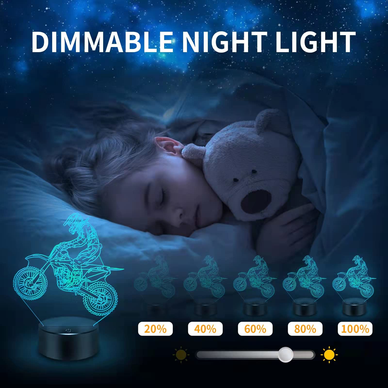 BASSI 3D Night Light Motorcycle Lamp, Remote Control, 16 Colors, Acrylic, Dirt Bike Decor for Kids, Model bassi-1029