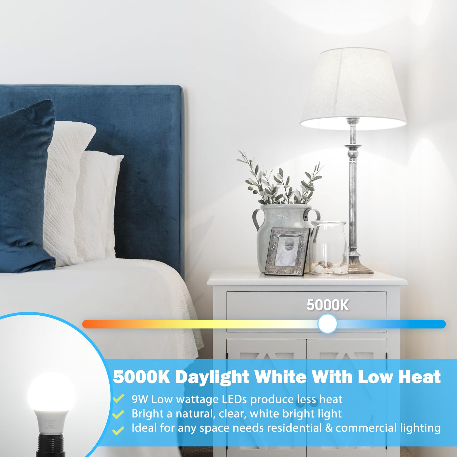 Maylaywood A19 Led Light Bulbs Dimmable, 60W Equivalent Led Bulbs, 5000K Daylight White, E26 Standard Base, 900Lm, 9W Bright White Led Bulb, 4-Pack