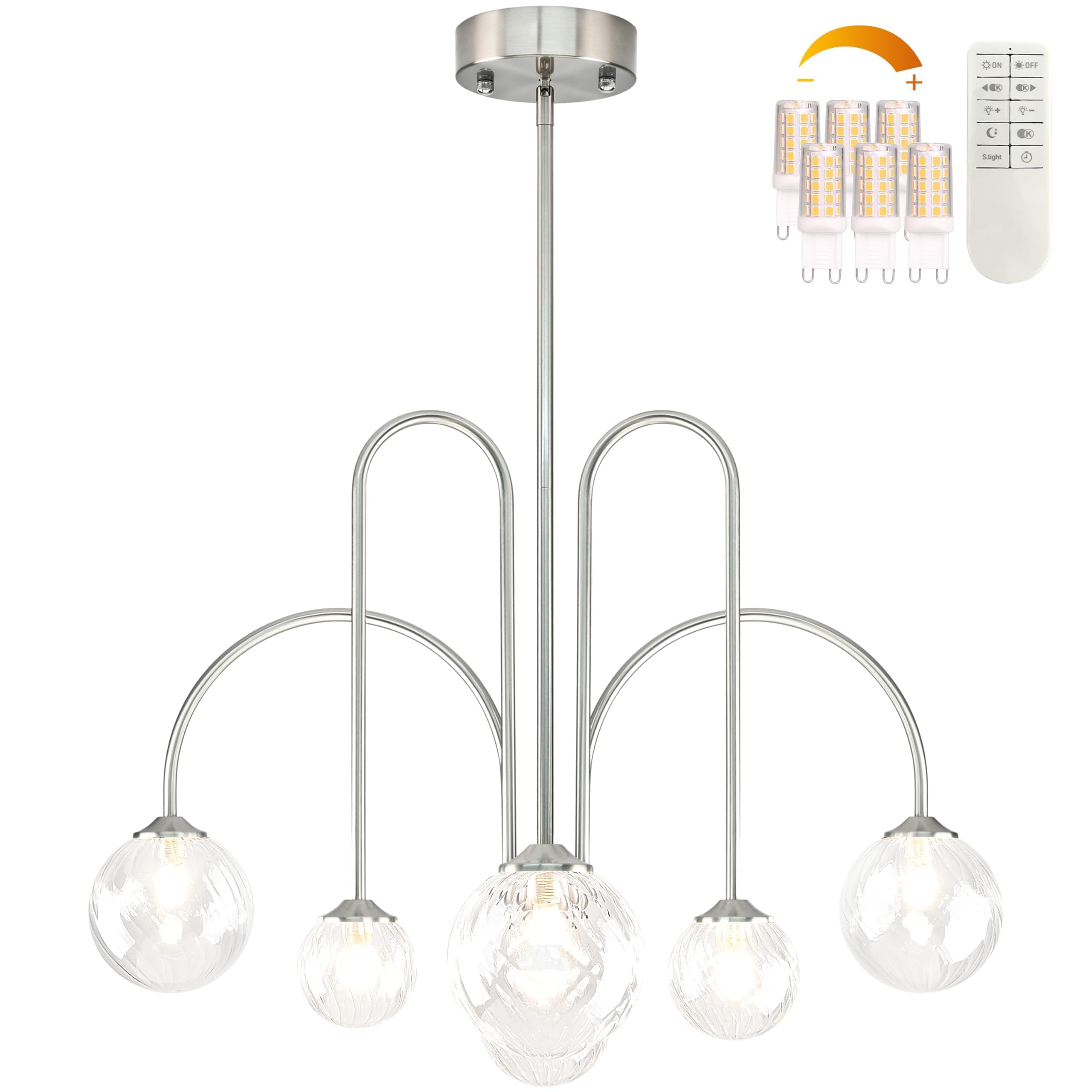 Bagood Nickel 6-Light Sputnik Light Fixture 29.5    Globe Modern Sputnik Chandelier Dimmable Chandelier With Clear Globe Glass M