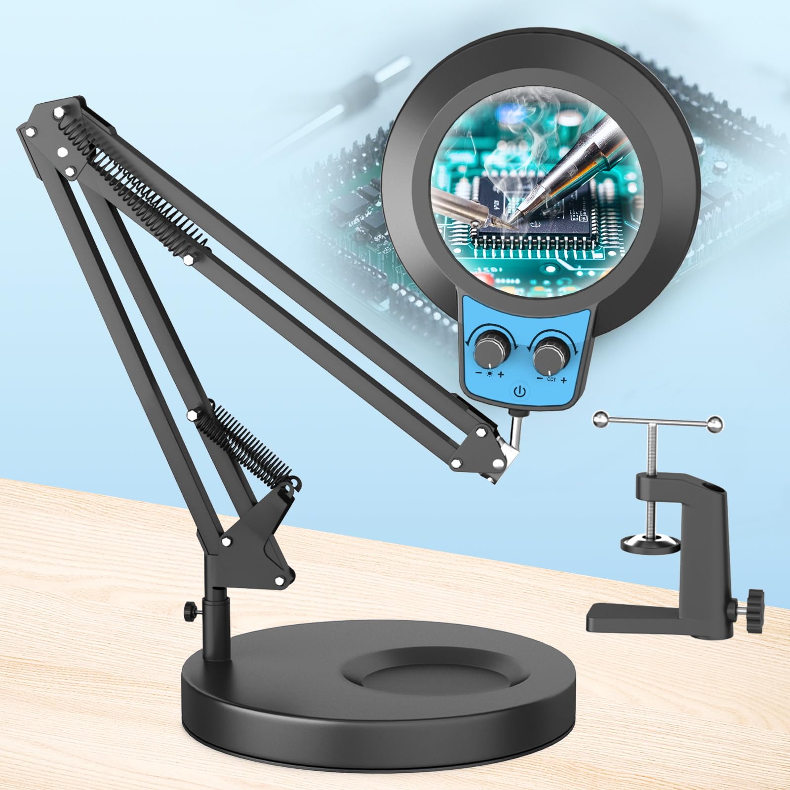 HITTI 12X Magnifying Glass with Light, 2-in-1 LED Lighted Stand, Aluminum, Overhead Switch, Blue