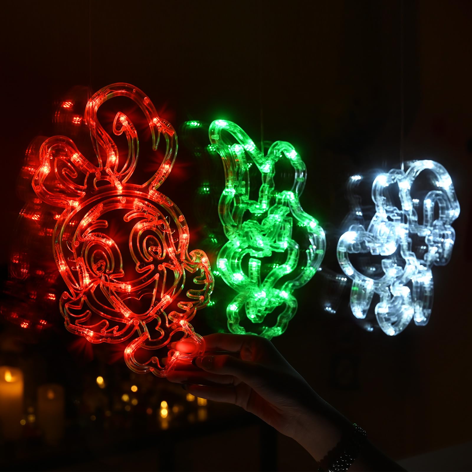 FASISOY Christmas Decorations 3 Pack Red White Green Christmas Window Lights with Suction Cup, Battery Operated Christmas Lights