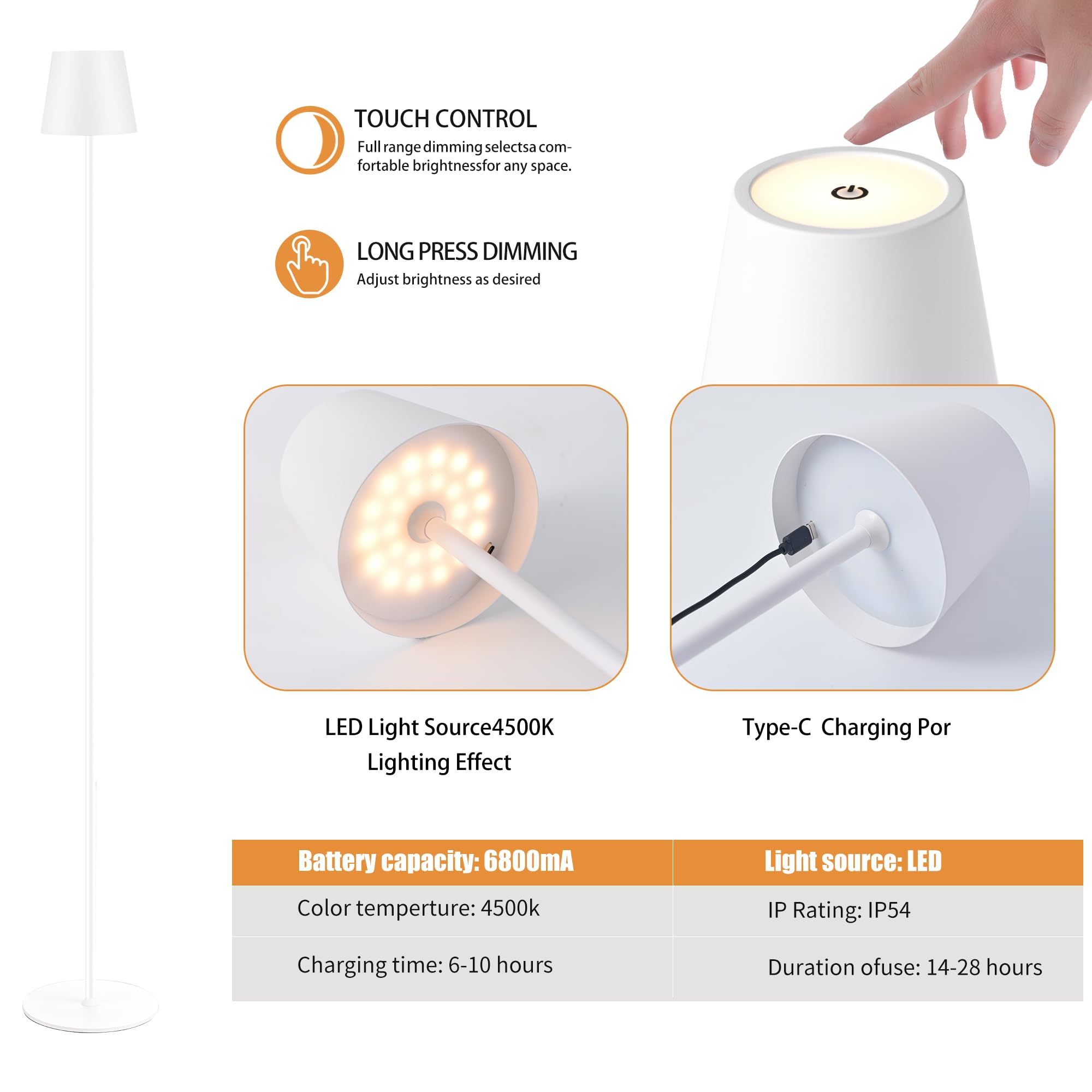 Imqsqik Cordless Floor Lamp For Outdoor/Indoor, Built-In 6800 Mah Battery Led Battery Operated Lamp Rechargeable, With Touch Control Floor Lamp,Adjustable Height Floor Lamp For Patio(White)