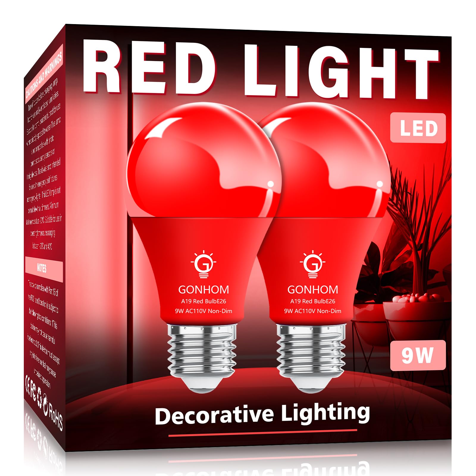 Gonhom 2 Pack Red Led A19 Light Bulbs, 9W Equivalent For Holiday & Decorative Lighting
