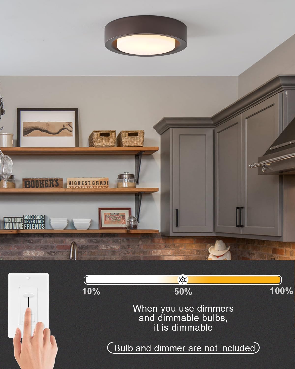 MIAOMEIO 13 Inch Flush Mount Ceiling Light, Oil Rubbed Bronze, Metal & Glass, Model CL22035