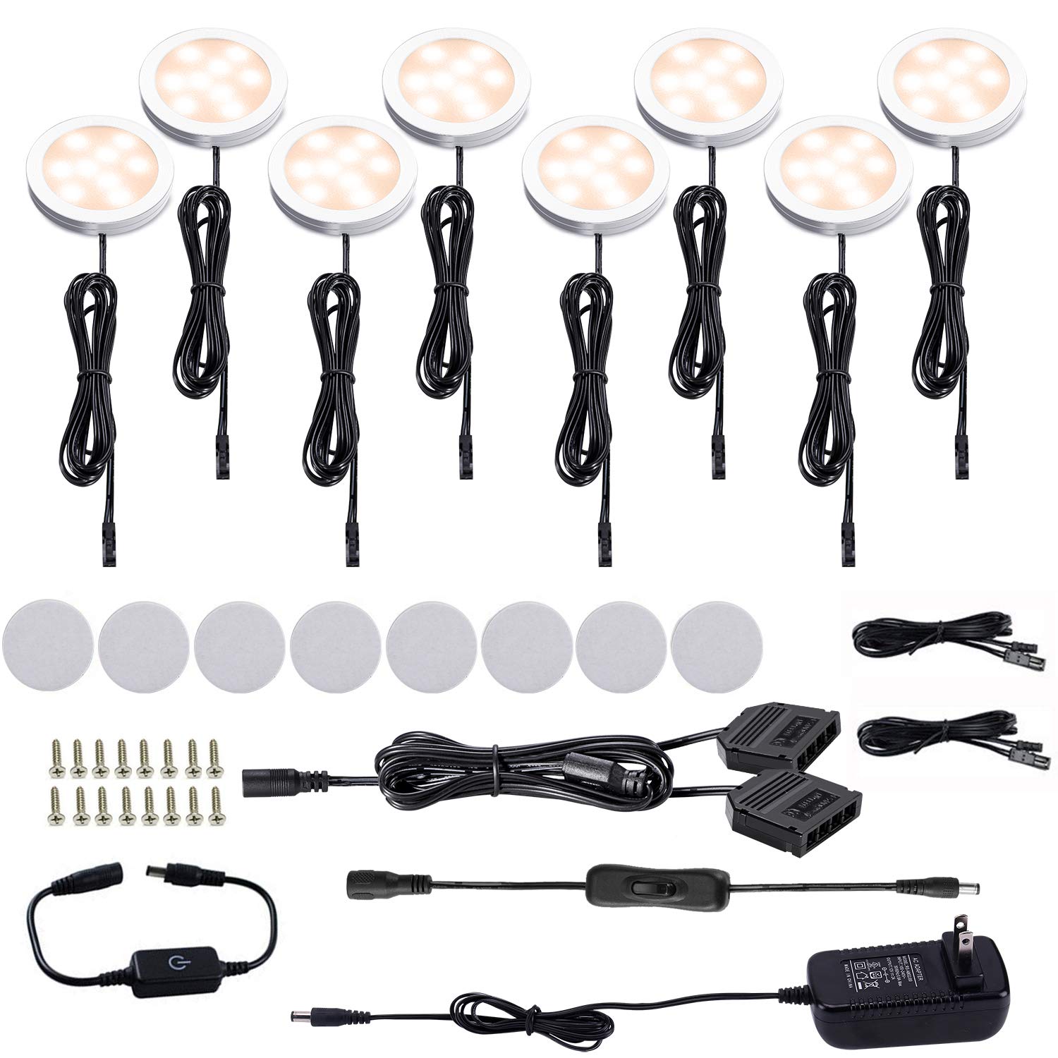 AIBOO LED Under Cabinet Puck Lights Kit with Touch Dimming Switch for Accent Display in Cabinet Lighting (8 Lights,Warm White)