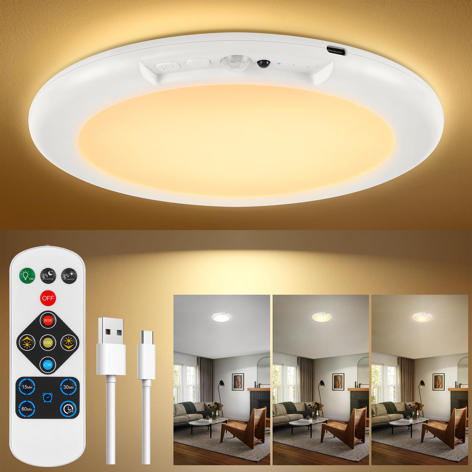 Tintindoc Wireless Battery Ceiling Light With Remote & Motion Sensor, Dimmable Led For Bathroom & Closet