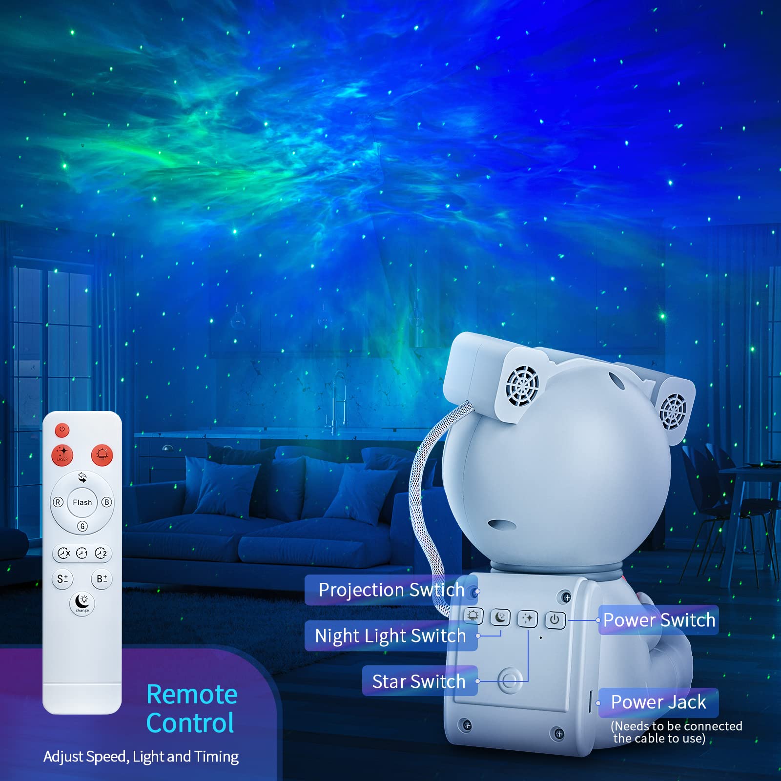 Cayclay Astronaut Galaxy Projector, White LED Nebula Lamp, Medium Size, Model HJ-XKD05, Night Light with Timer and Remote