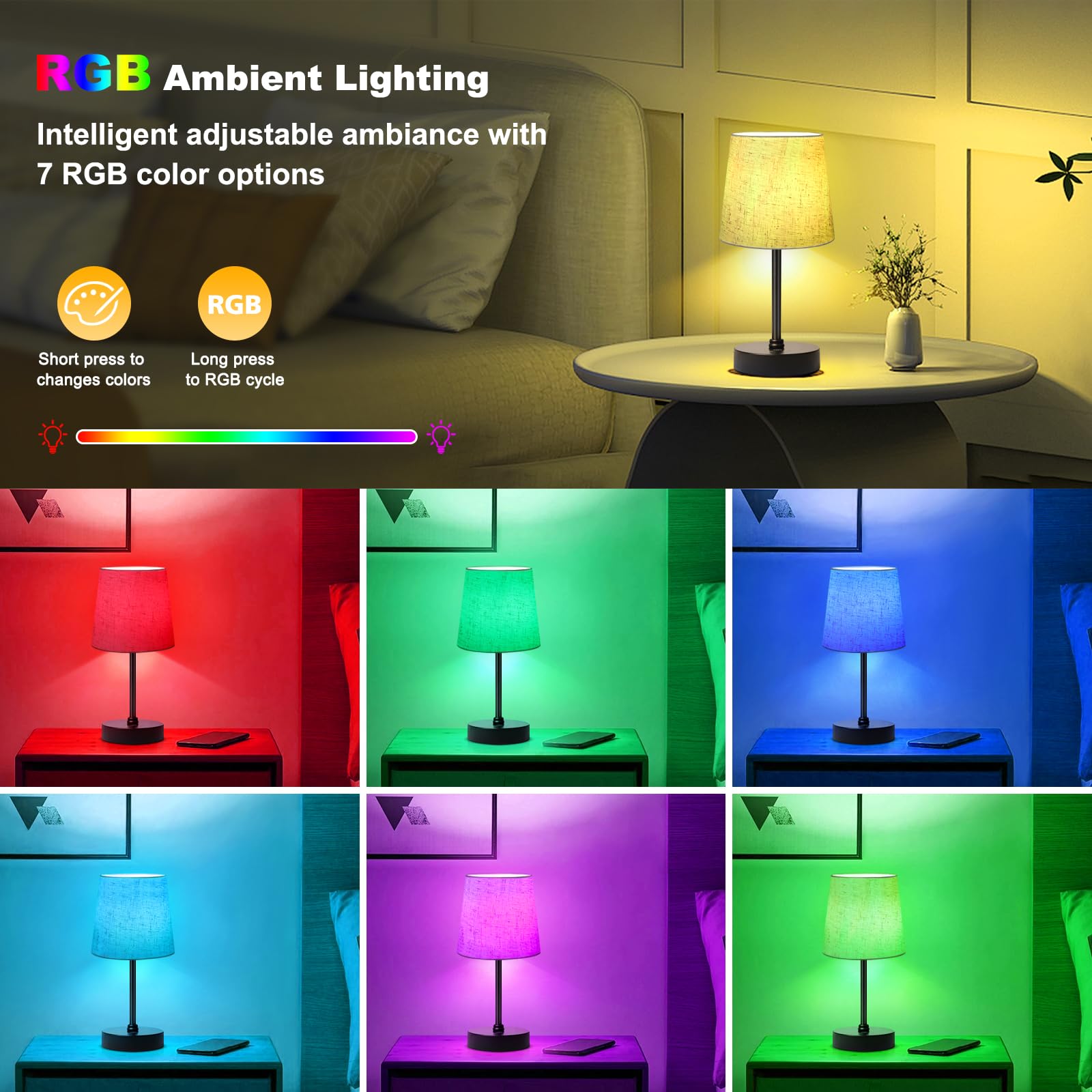 Wowag Small Cordless Table Lamp,5000Mah Rechargeable Battery Operated Desk Lamp,3 Colors & 7 Rgb Stepless Dimmable, Portable Tou
