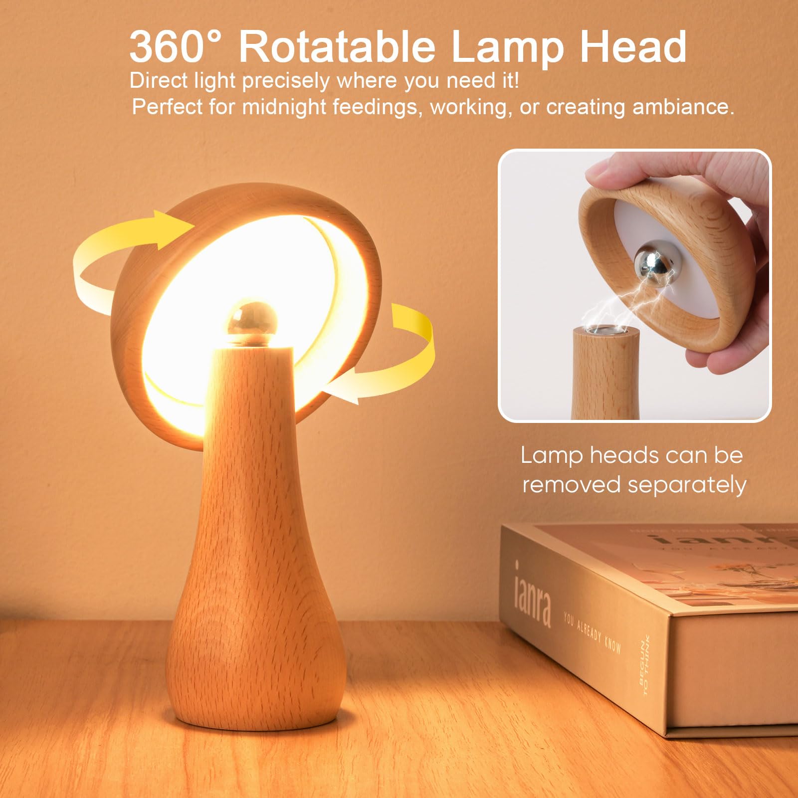 Wooden Small Mushroom Lamp, Touch Switch Cordless Table Lamp For Nightstand, Rechargeable Battery Operated Night Light, 360 Degr