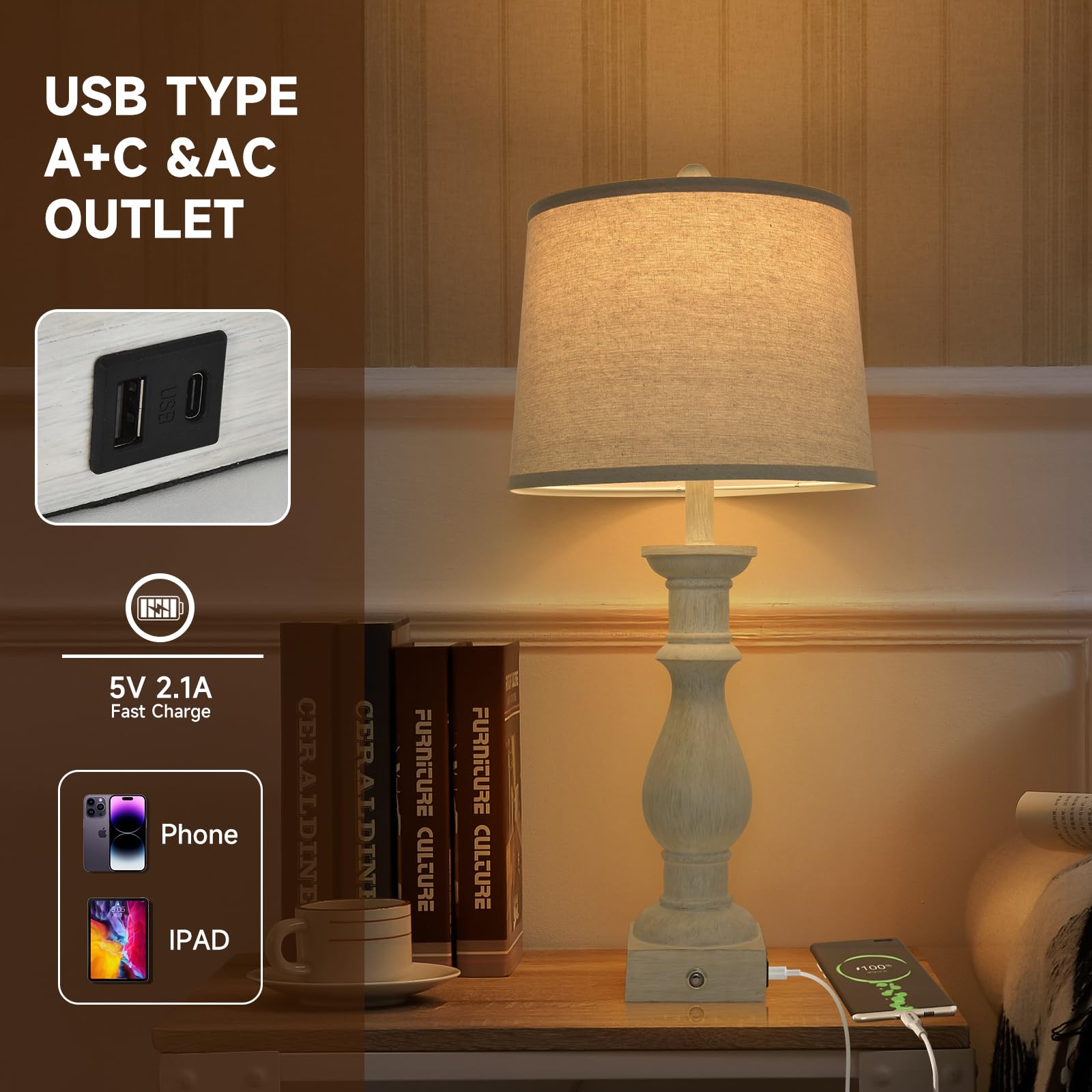 Touch Dimmable Desk Lamp Table Lamps Set Of 2 Vintage Night Stand Light Farmhouse Resin Lamp,Bedside Lamps With Usb Ports And Ou