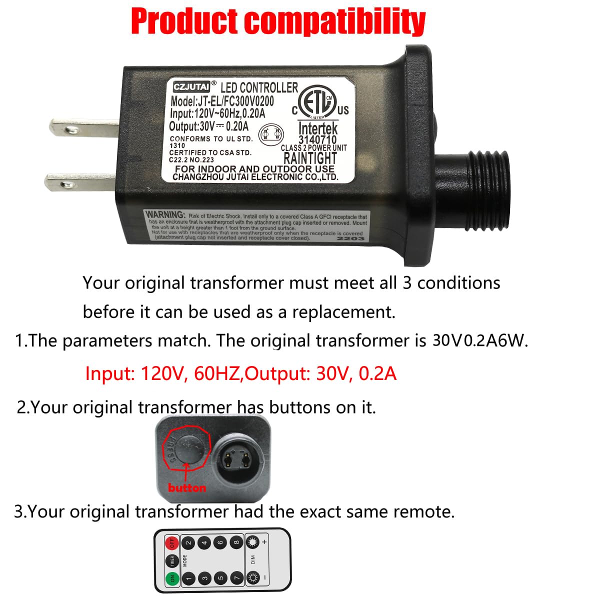 Dreamworth 8 Mode LED Transformer 30V Controller - Low Voltage US Plug Adapter for String Lights, Not for Christmas Trees - Black