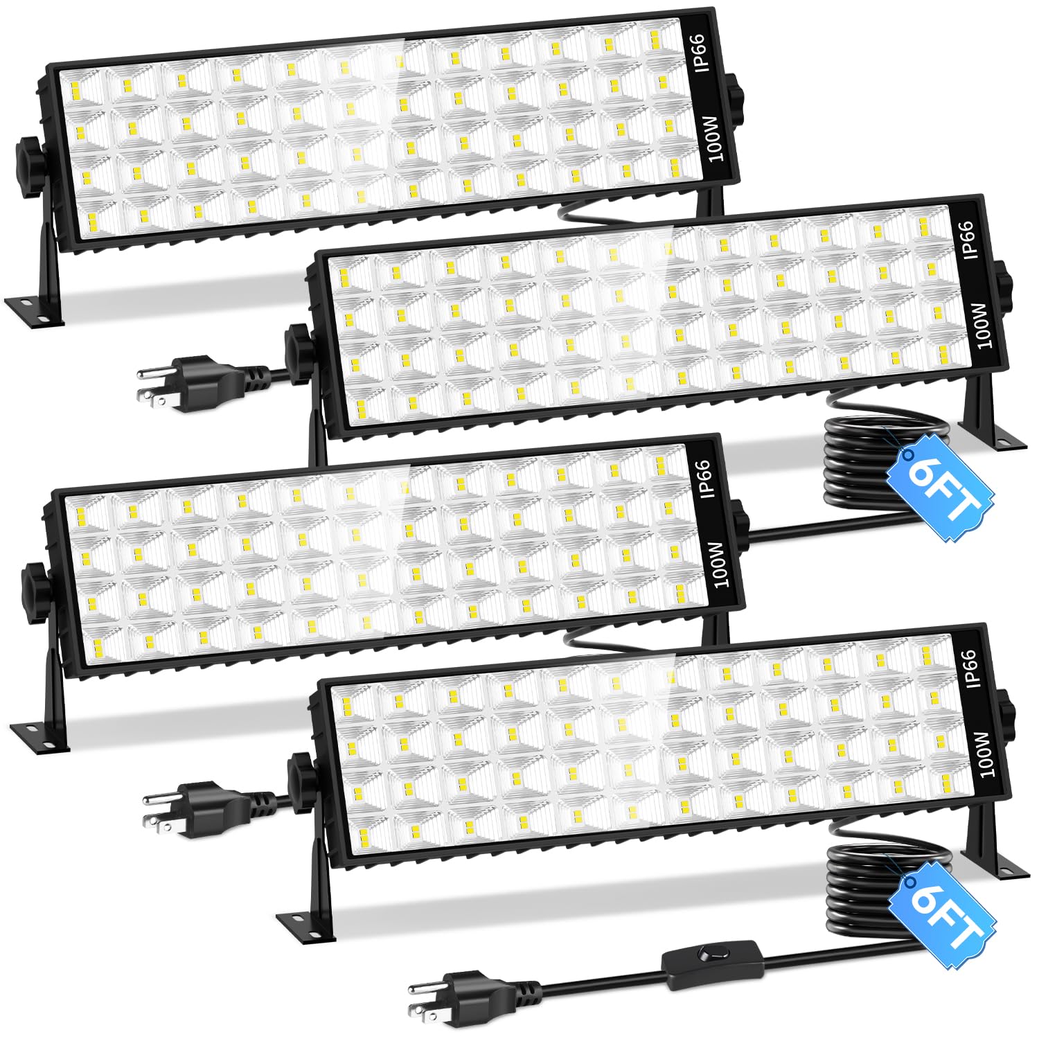 4 Pack LED Shop Light, 100W 11000LM Ultra Brighter, Plug in Garage Light with On/Off Switch + 6FT Cord, 6000K IP66 Waterproof Ba
