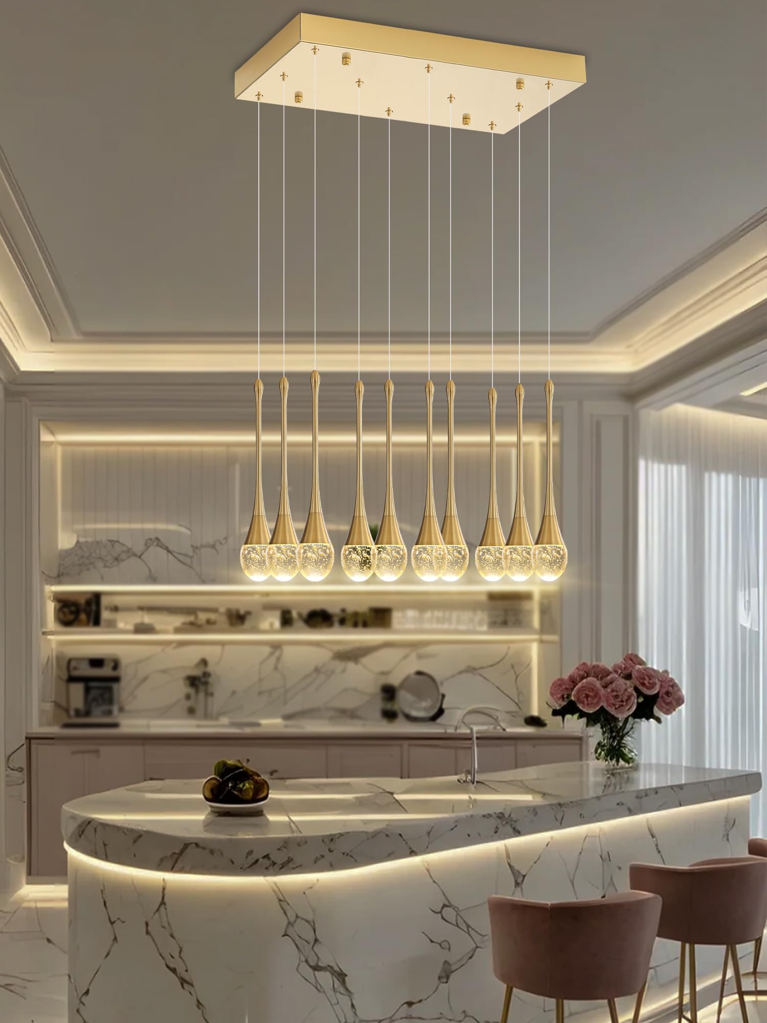 Ykolupty Rectangular Chandeliers For Entryway Gold Dining Room Lights Fixture Raindrop Pendant Lights Kitchen Island Crystal Cha