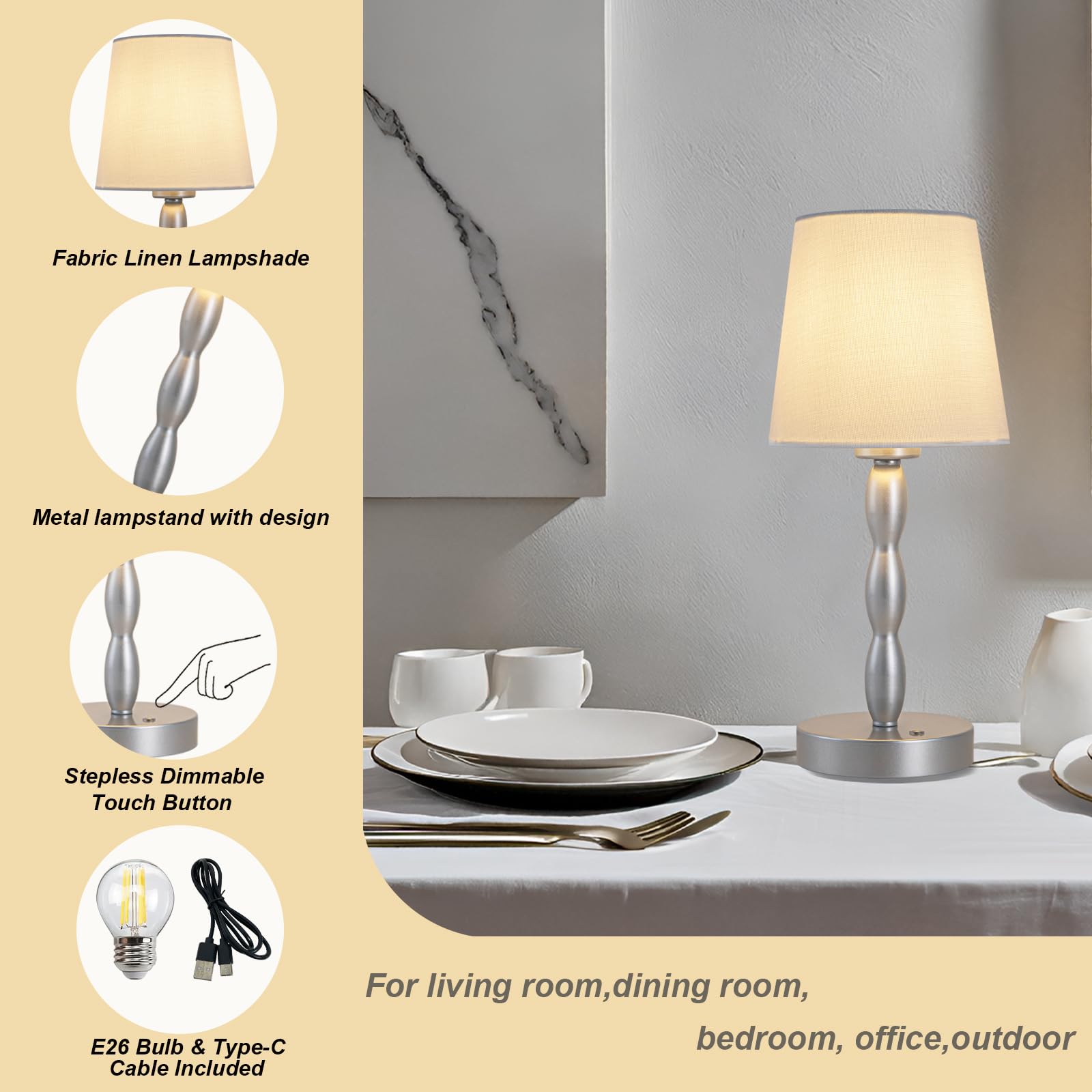 CASTLELIFE Portable Cordless Table Lamp, Touch Control, 3-Level Brightness, Metal, Silver, Model CL8433