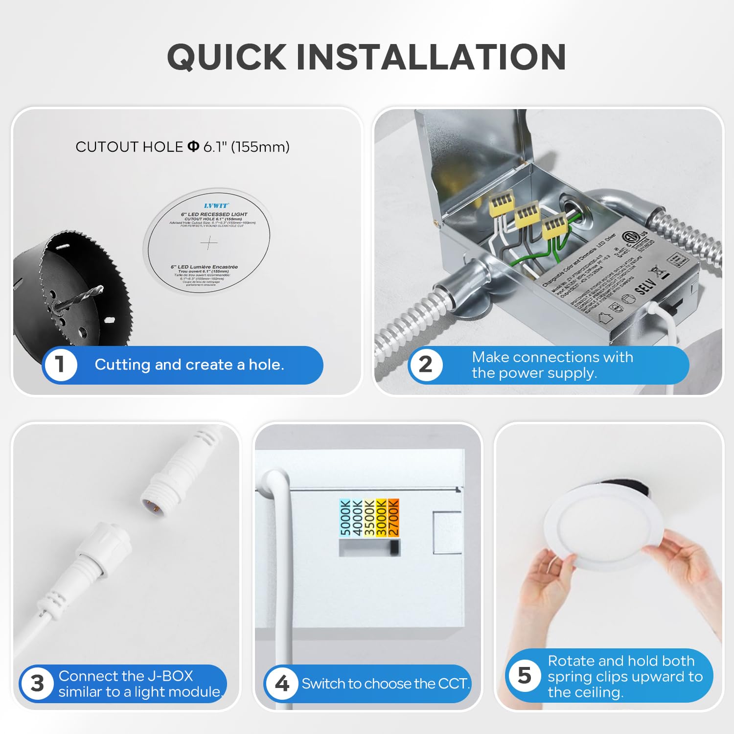 Lvwit Ultra-Thin Recessed Lighting 6 Inch With Junction Box  1200Lm 2700K-5000K 5Cct Led Ceiling Lights  Dimmable Canless Wafer Downlight  Etl Fcc&Ic  Smooth Trim  6 Pack