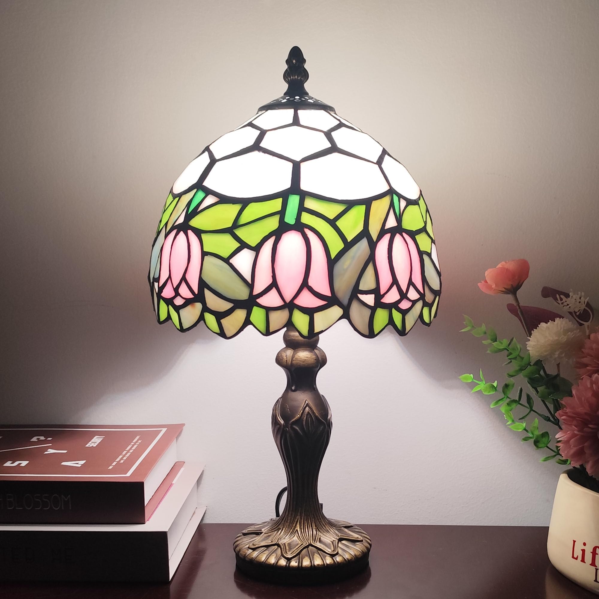XPHMXP Tiffany Table Lamp Small Stained Glass Desk Lamp Vintage Bedside Lamp Included 3 Way LED Bulb for Home Living Room Nights