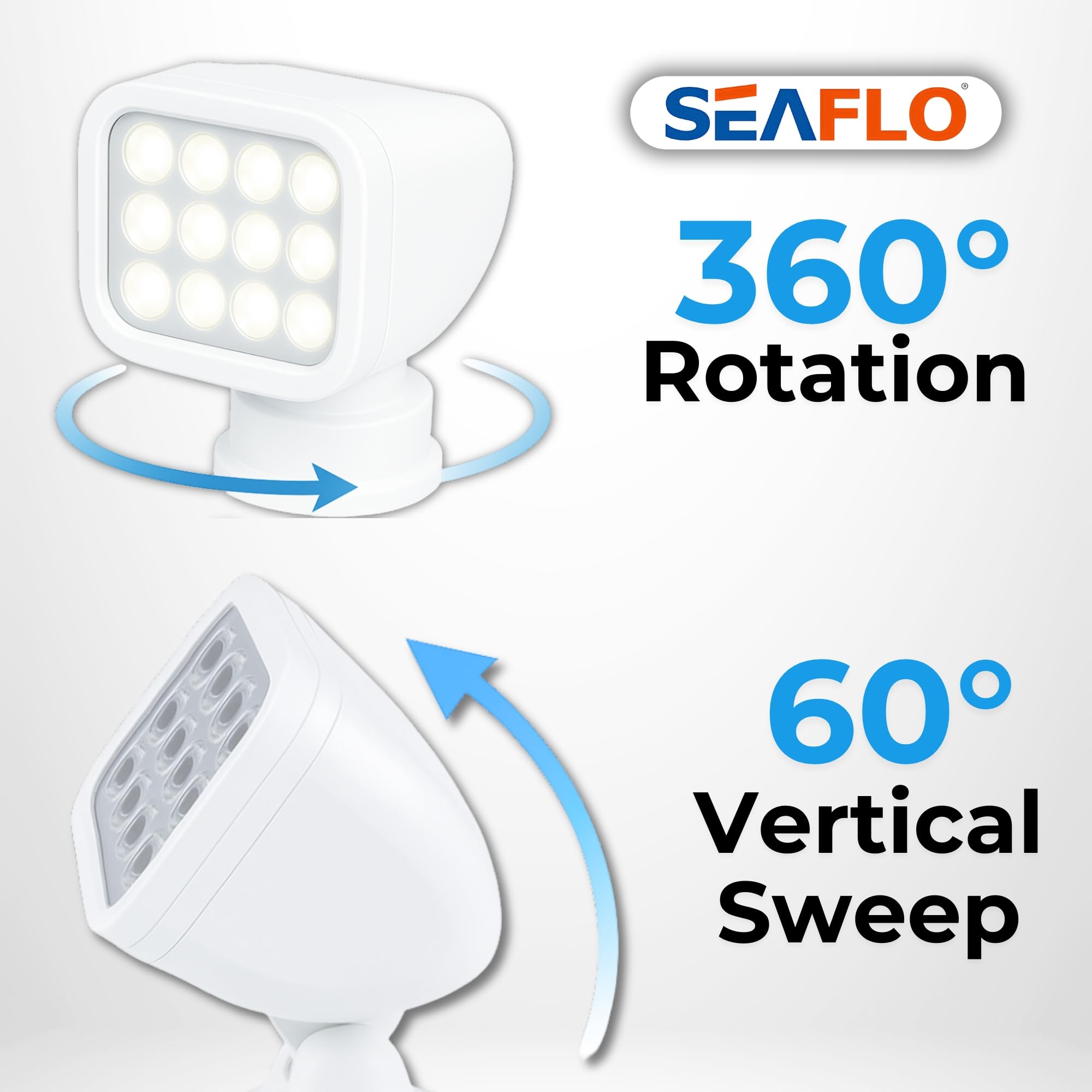 SEAFLO 360° Rotating LED Searchlight, Wireless Remote, IP66 Waterproof, 5500K White Light, Model SFSL-2700W-02W, for Boats & Trucks