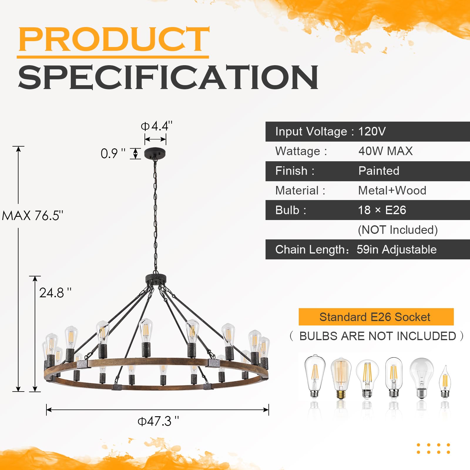 Benkut 47" Farmhouse Wagon Wheel Chandelier, 18-Light Black Rustic Fixture for Foyer, Living Room, Entryway, Dining Room, Model P62-18Z1