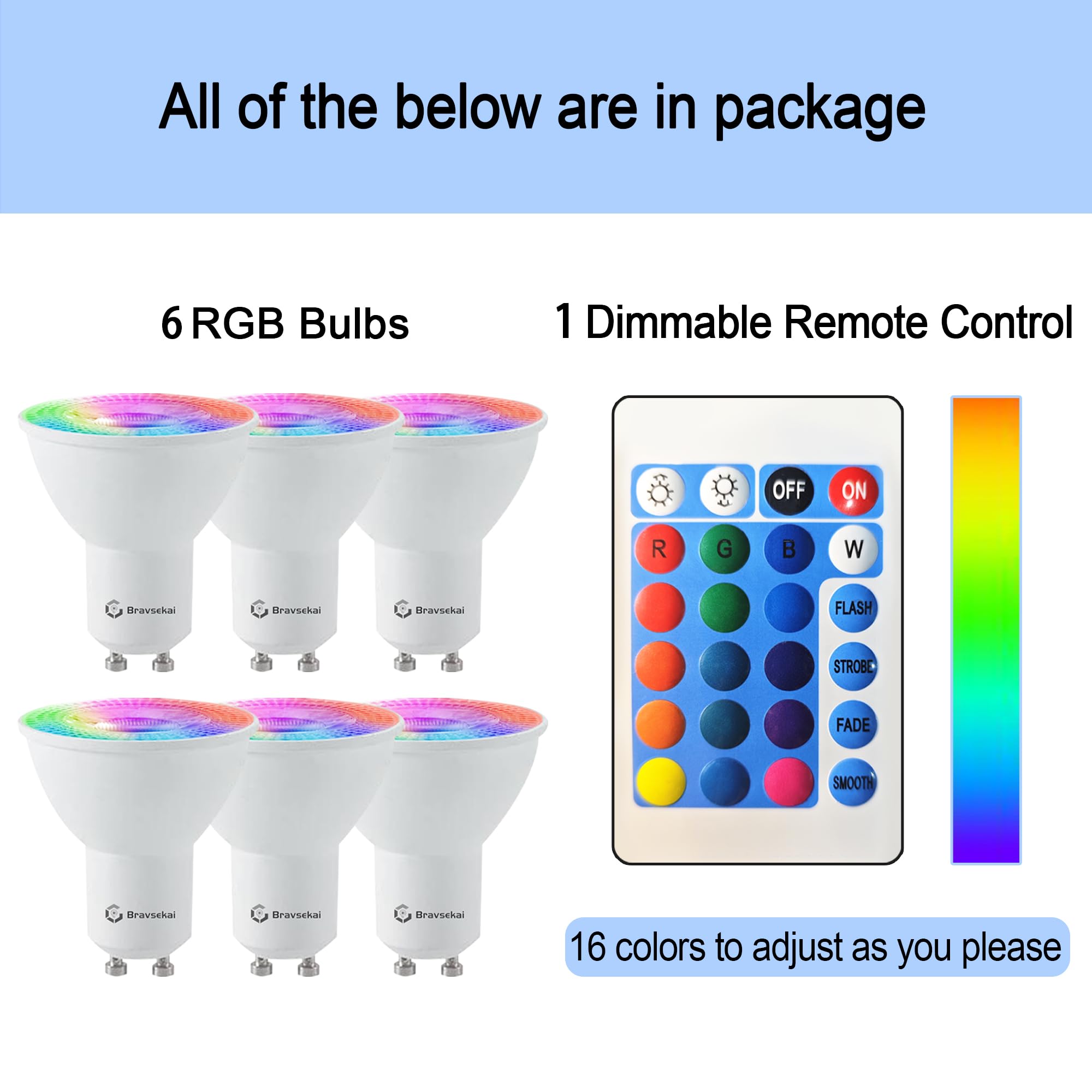 Bravsekai Gu10 Rgb Led Bulb With Ir Remote, 35W Equivalent, 16 Colors & Dynamic Effects, Memory Function, 38 Beam Angle For Mood