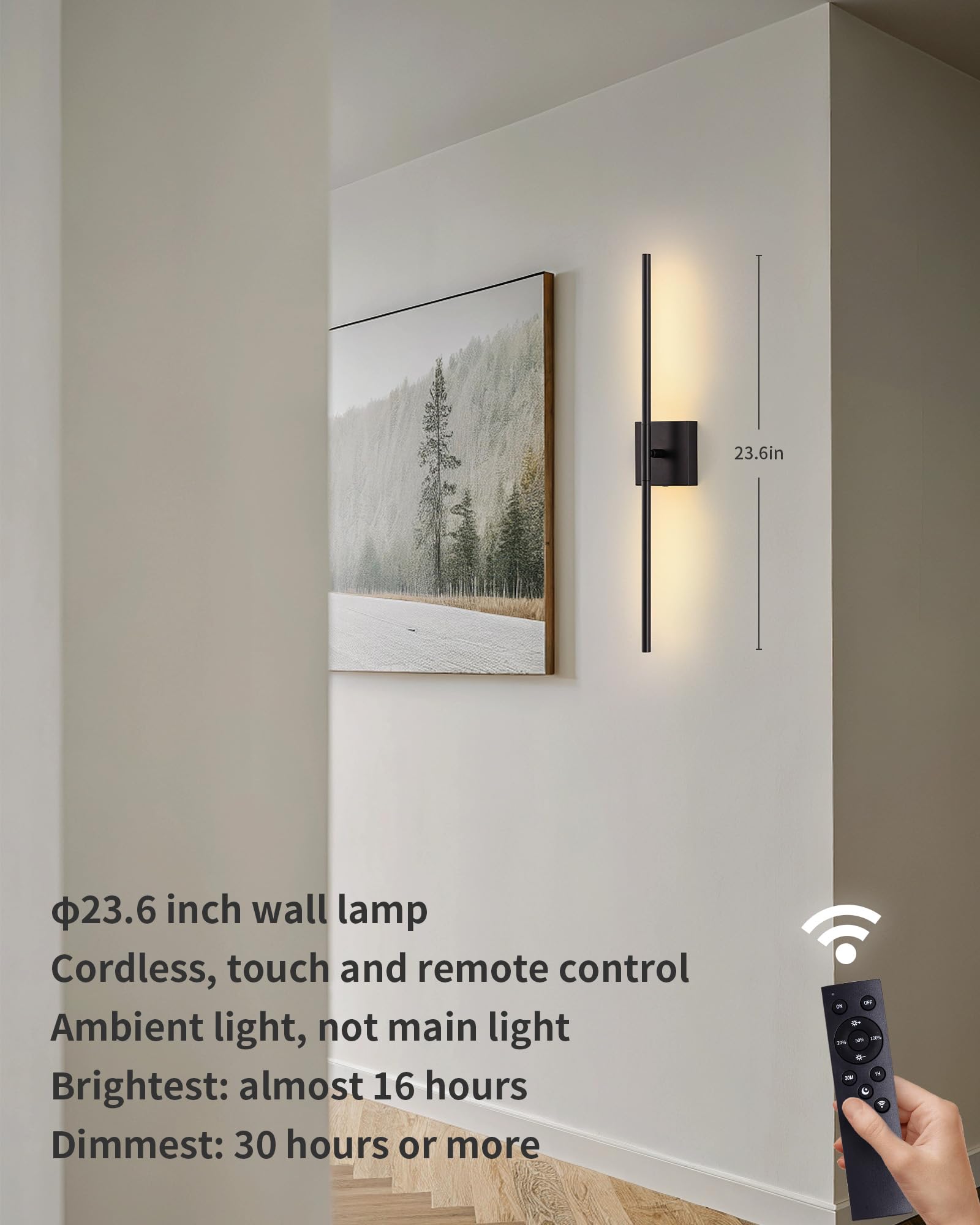 KDG Cordless Wall Sconces with Remote Control, 7000mAh Battery, 360° Rotation, 23.6 inch, Black