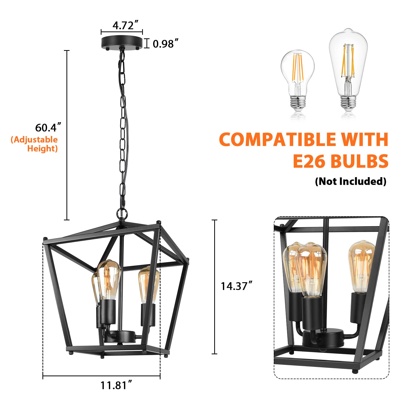Unicozin Black Lantern Pendant Light, 3-Light Metal Chandelier, Adjustable Height, Geometric E26, KD-9104s