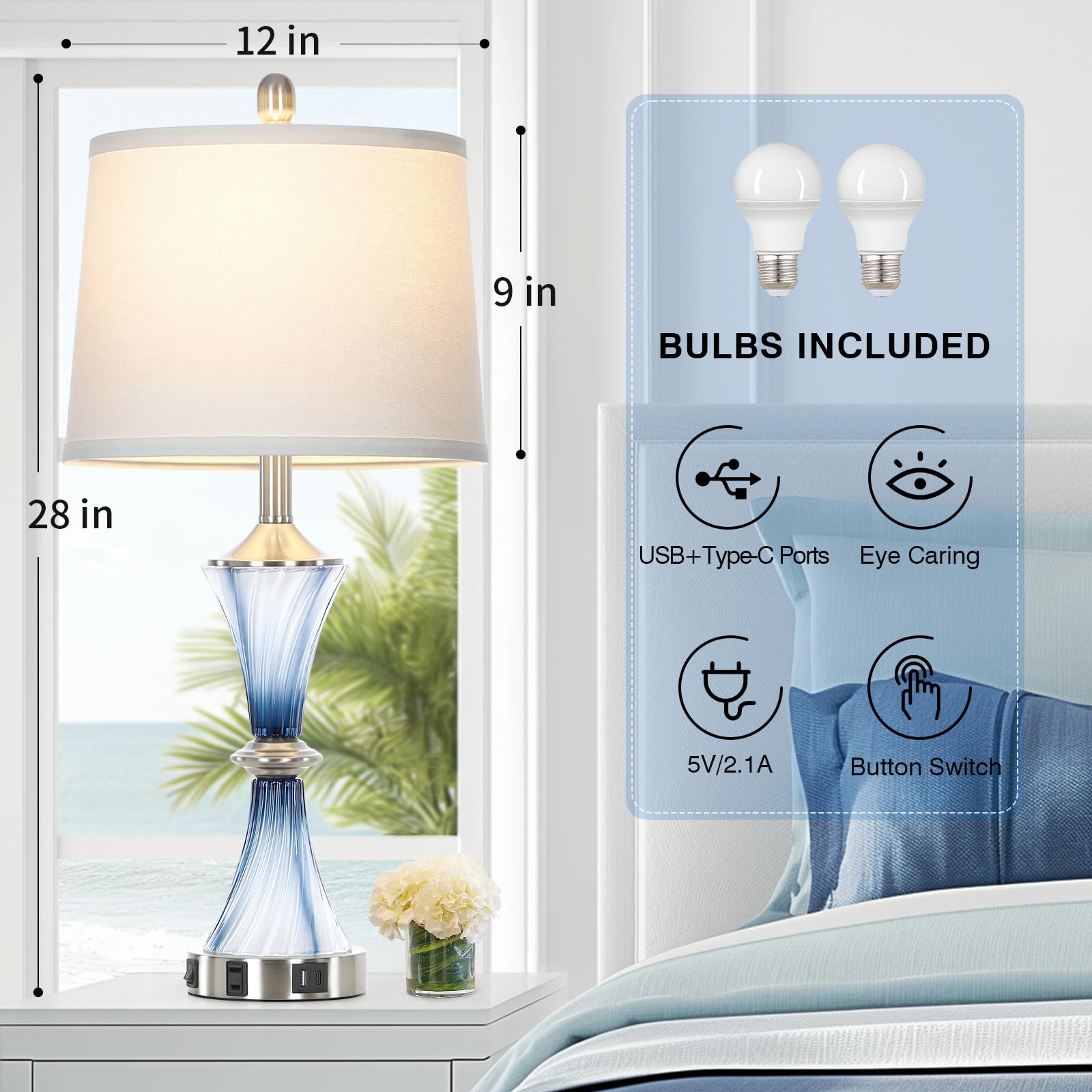 Rinweey Blue Glass Table Lamp Set of 2 with USB Ports & AC Outlet, Modern Nightstand Lamps for Bedroom & Living Room, LED Bulbs Included