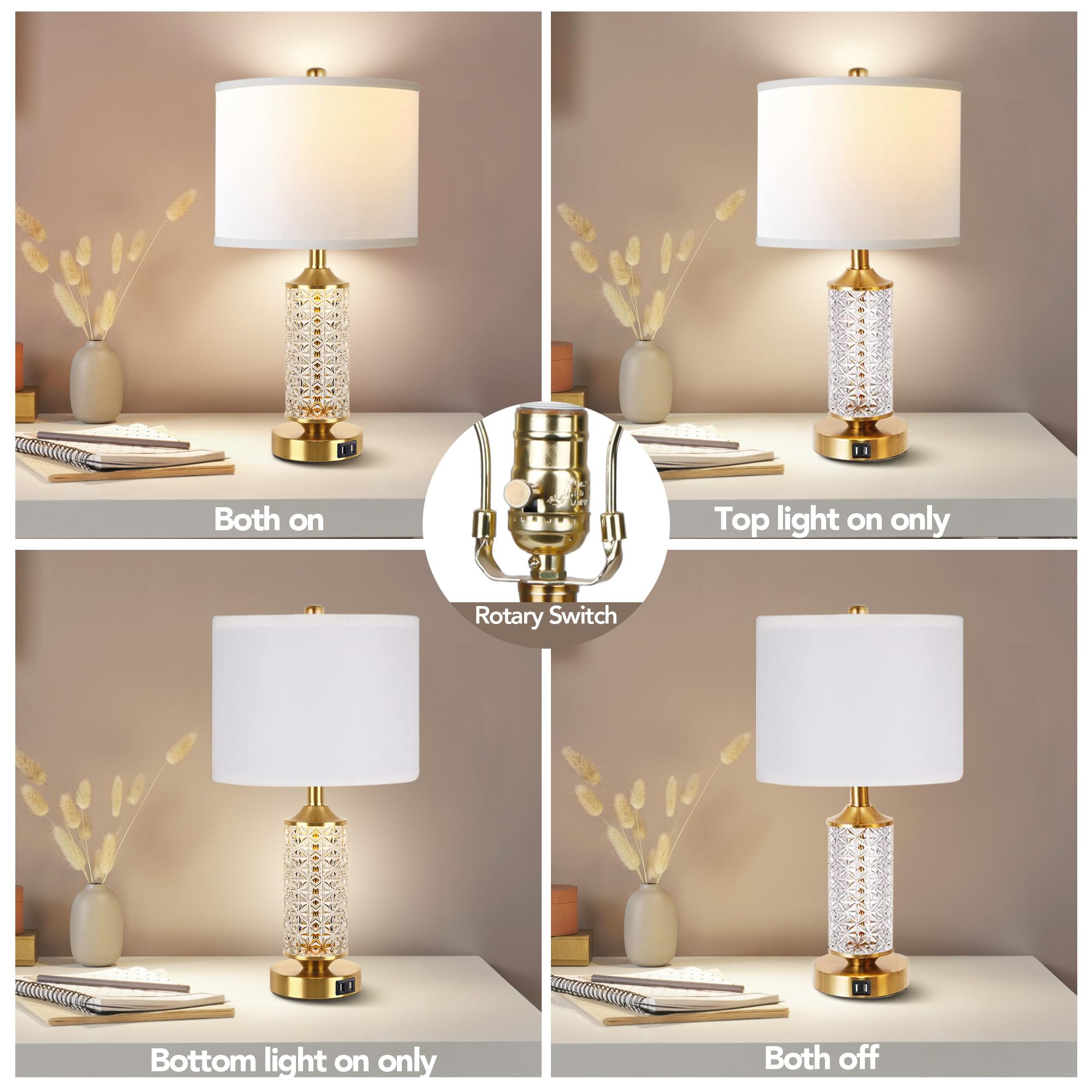 Qimh Set Of 2 Table Lamps With Usb Ports, Modern Bedside Lamp With Led Night Light For Bedroom, Nightstand Lamps For Living Room