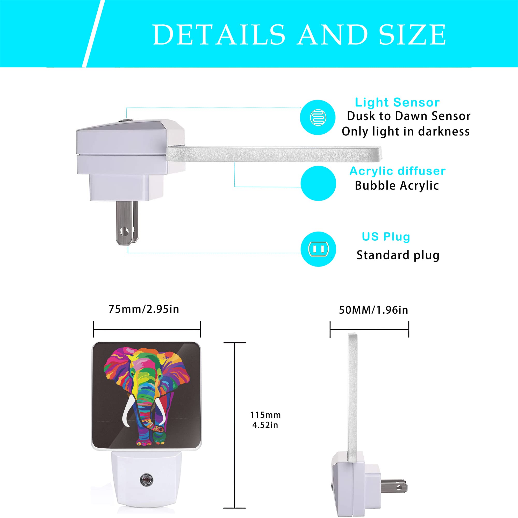 Oeaskly Elephant Night Light,Colorful Elephant Plug-In Night Lights With Dusk-To-Dawn Sensor For Stairway/Hallway/Kitchen Sleep