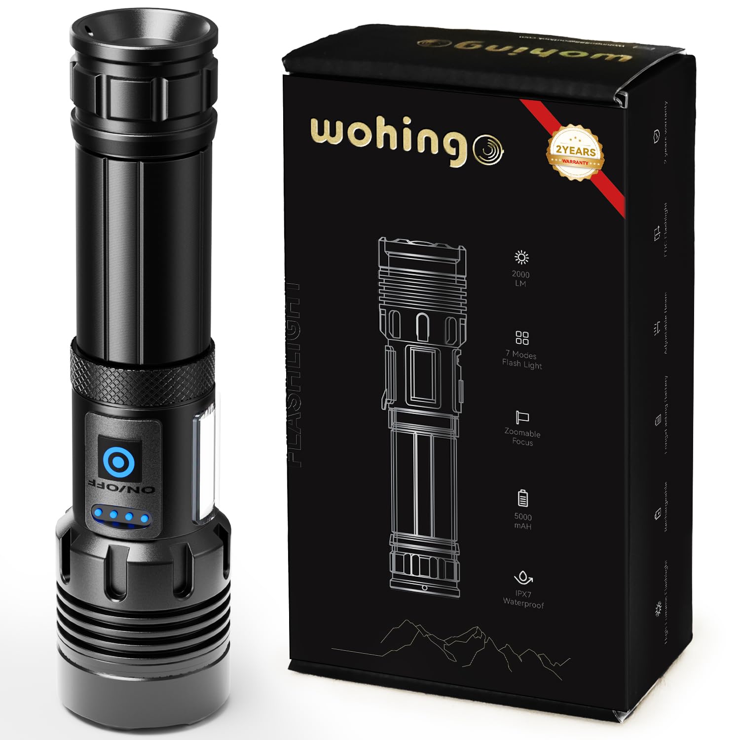 Wohingo Flashlight Rechargeable 2000 High Lumens IPX6 Waterproof Super Bright Flashlight with 7 Modes & COB Side Light, Zoomable