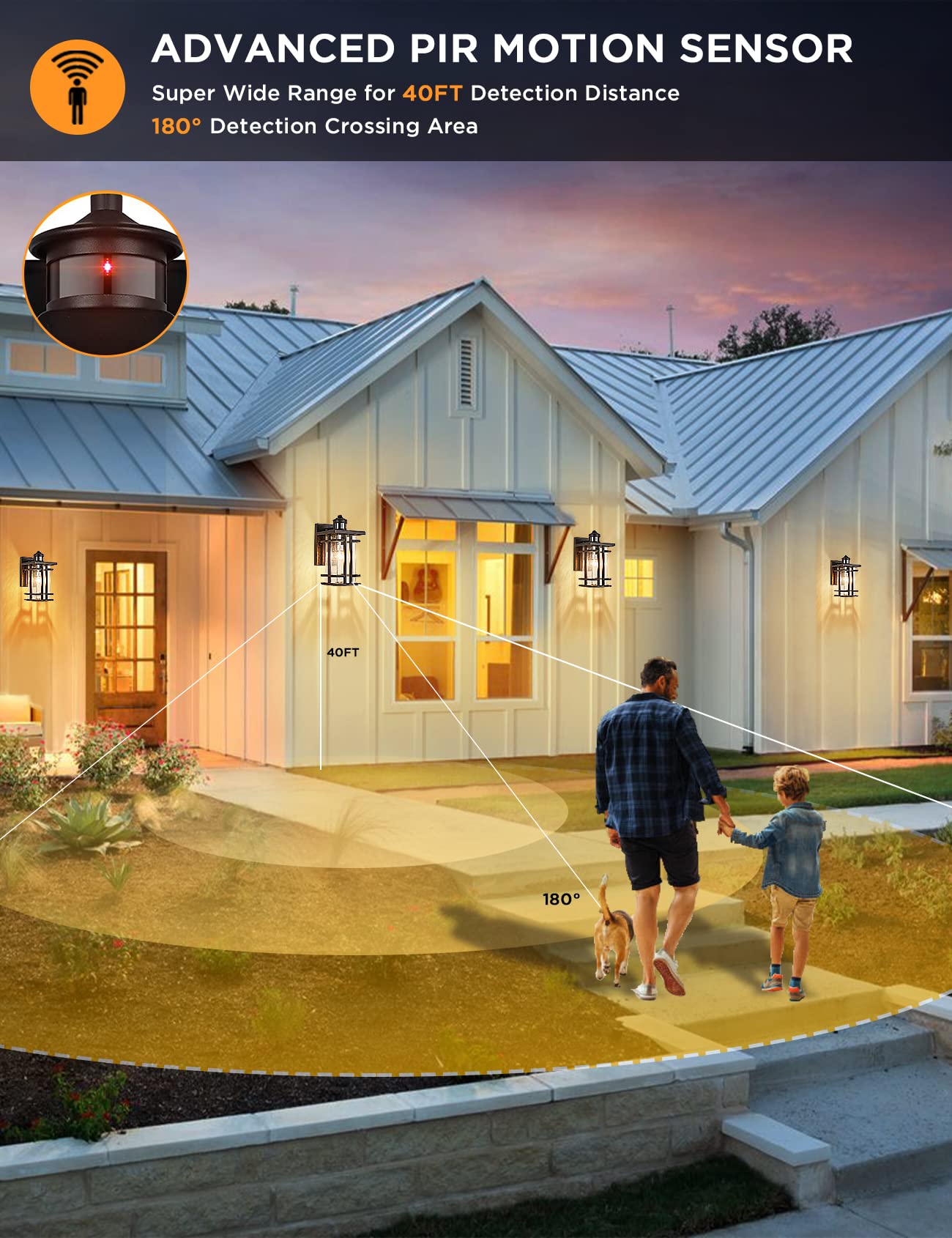 Vocldfa Motion Sensor Outdoor Wall Light - Ip65 Waterproof, 3 Modes, Seeded Glass, Black