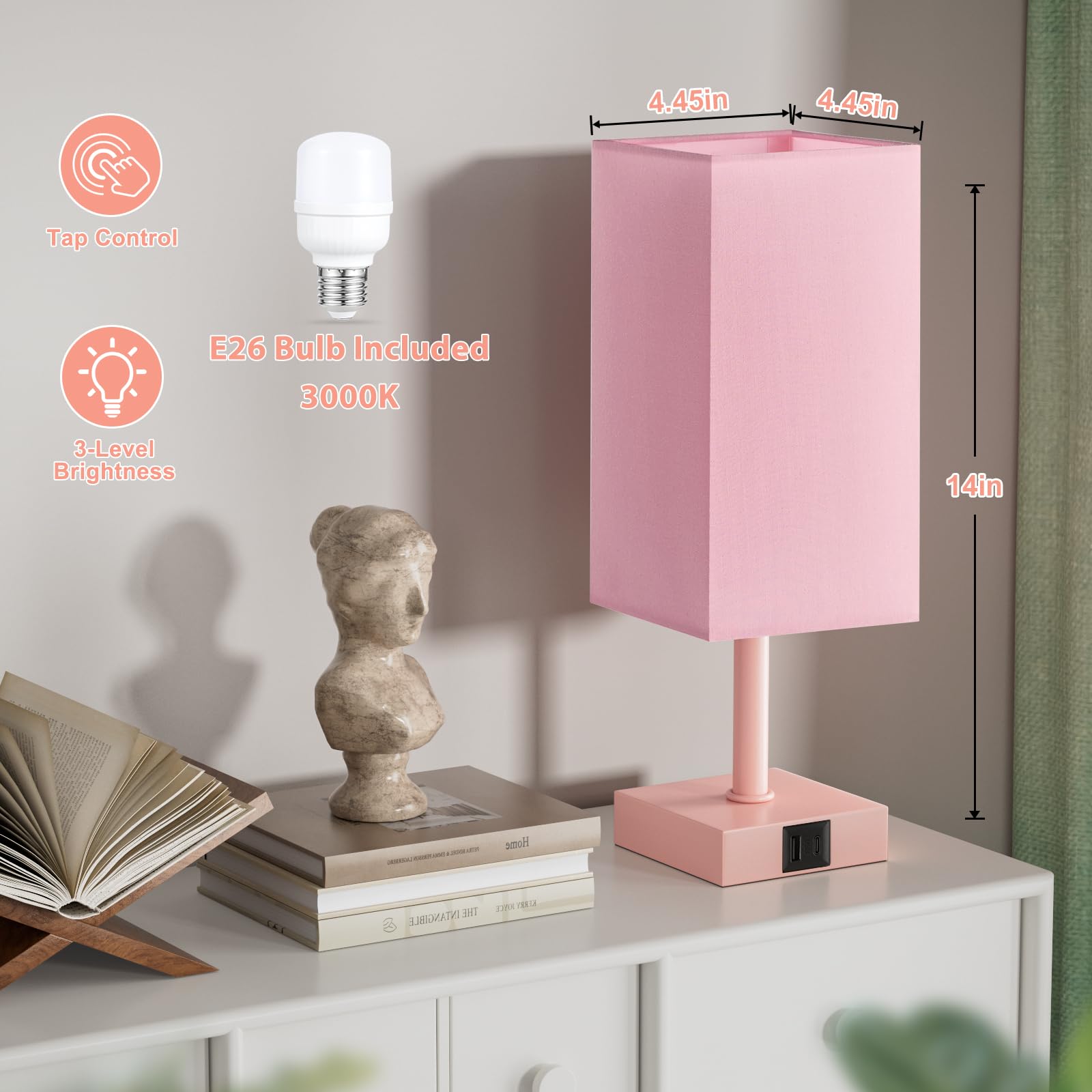 Ambimall Touch Control Table Lamp - USB A+C Ports, 13" Pink Fabric Nightstand Lamp, Model RPT-fang1-9, LED Bulb Included