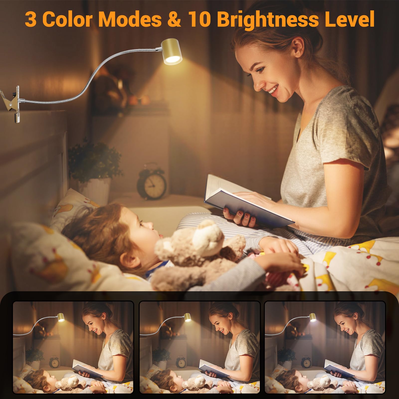 Best World LED Reading Light, 3 Modes, 10 Brightness Levels, Clip-On, Gooseneck, Aluminum, Gold, Model DA-3.5W-10