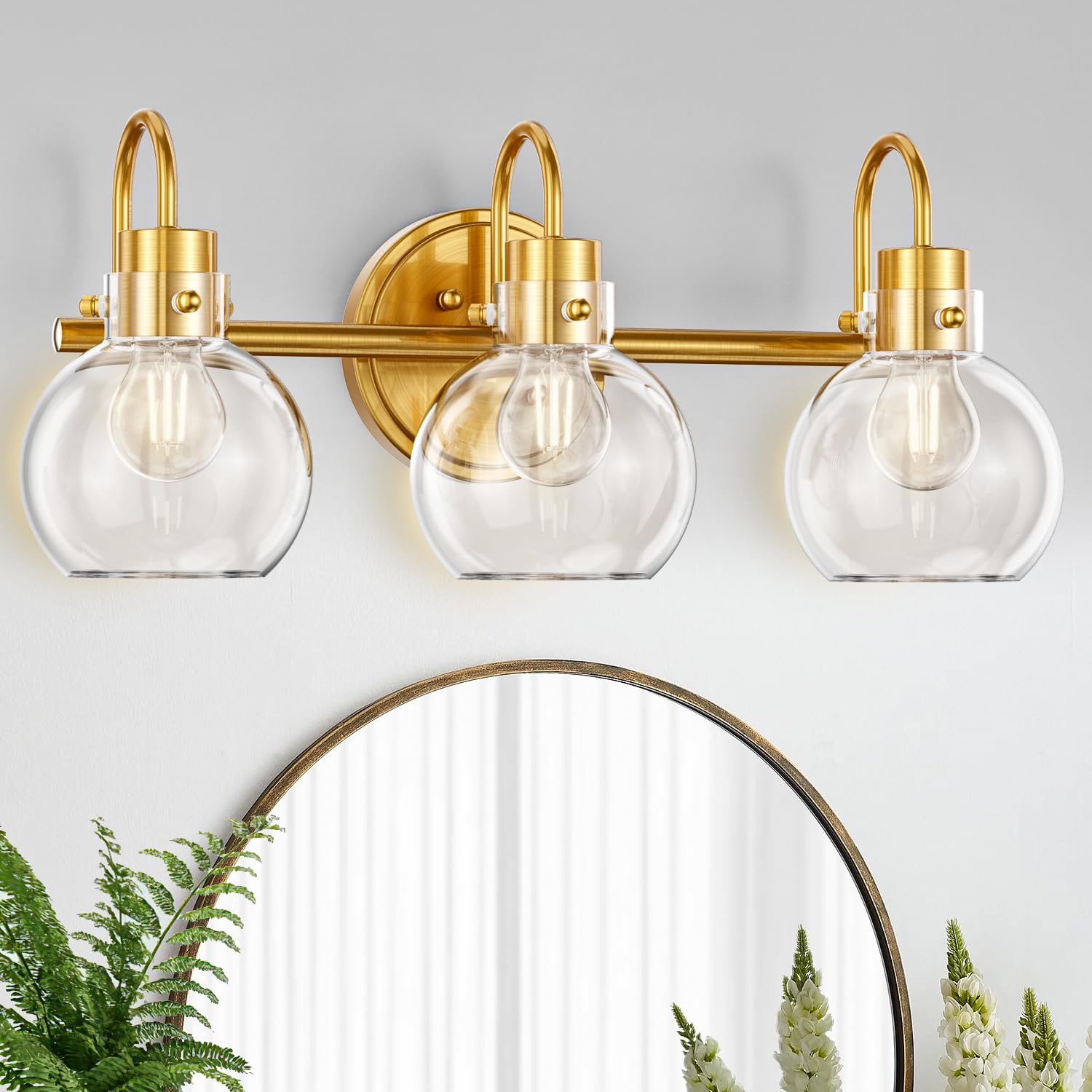 Apenath 3-Light Vanity Light, Brushed Brass Bathroom Fixture With Clear Glass Shade