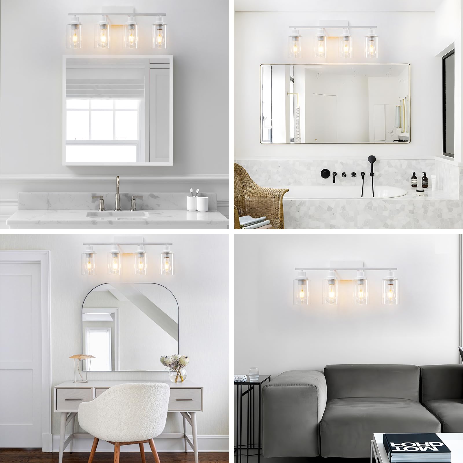 HCCZ 4 Light Bathroom Vanity Light Fixture, White Metal, Modern Design, Model 800-100-1082