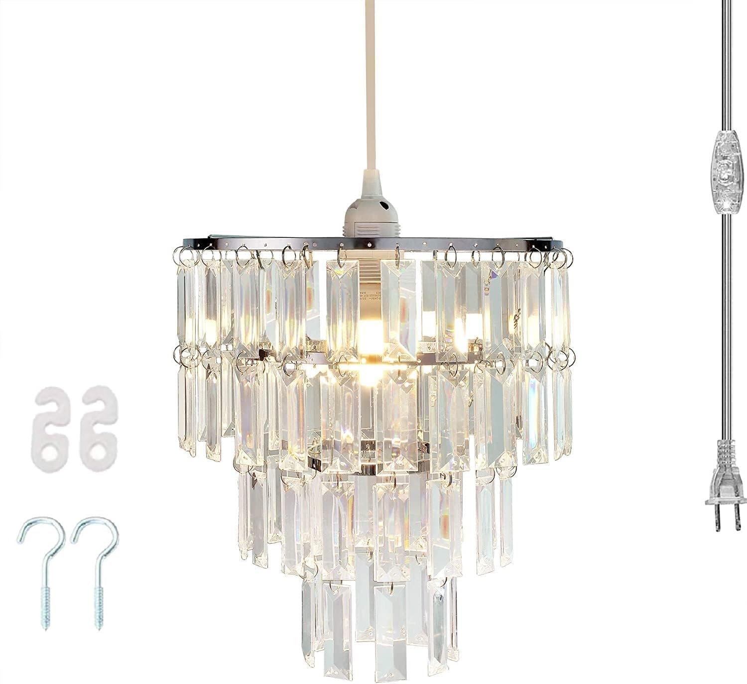 FlavorThings Modern Chandelier Pendant Light Fixture, Faux Crystal, Plug-In, 1 Light, Rectangle, 10.25" x 11.5", Clear Hanging Cord