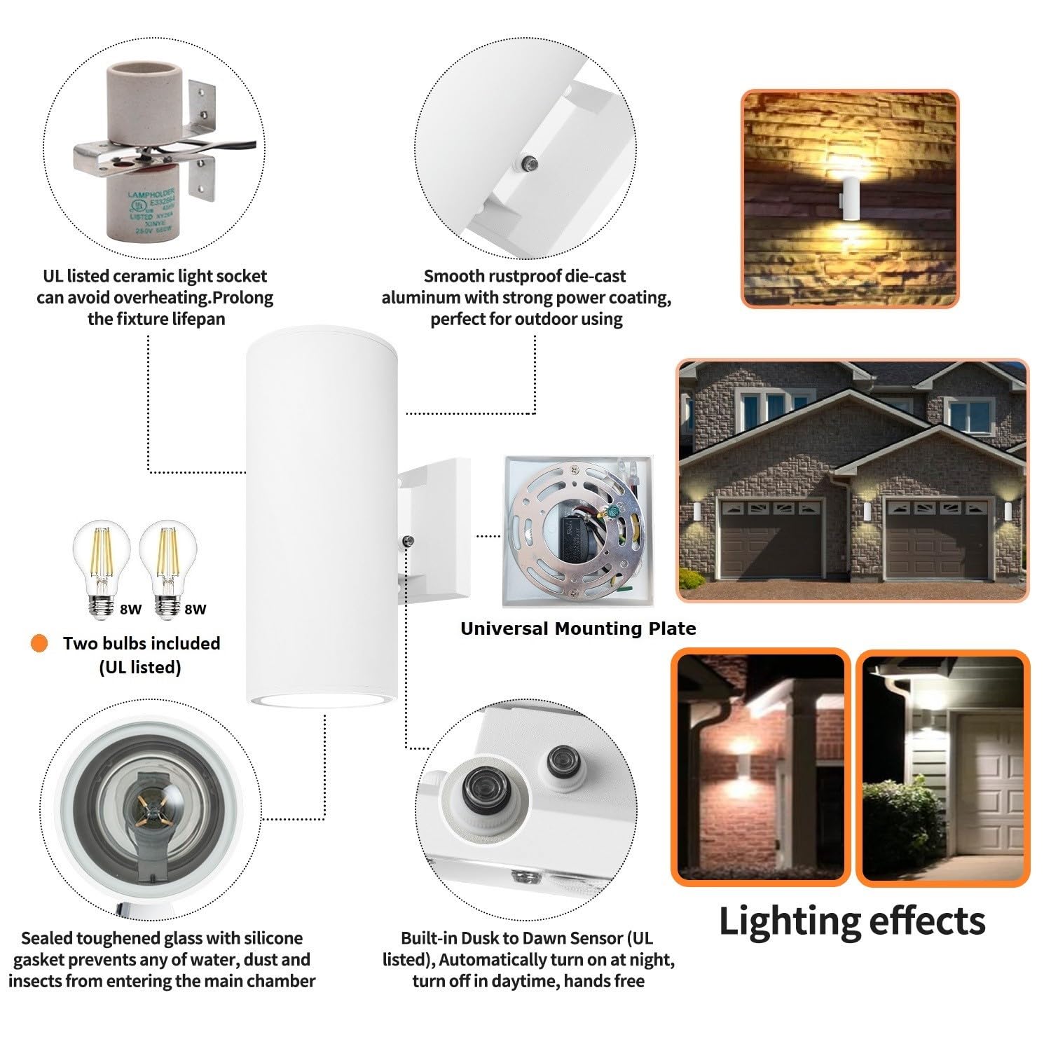 Zuukole Outdoor Wall Sconce, Exterior Lighting With Dusk To Dawn Sensor - 2 Light Bulbs Included, Aluminum Waterproof Wall Mount