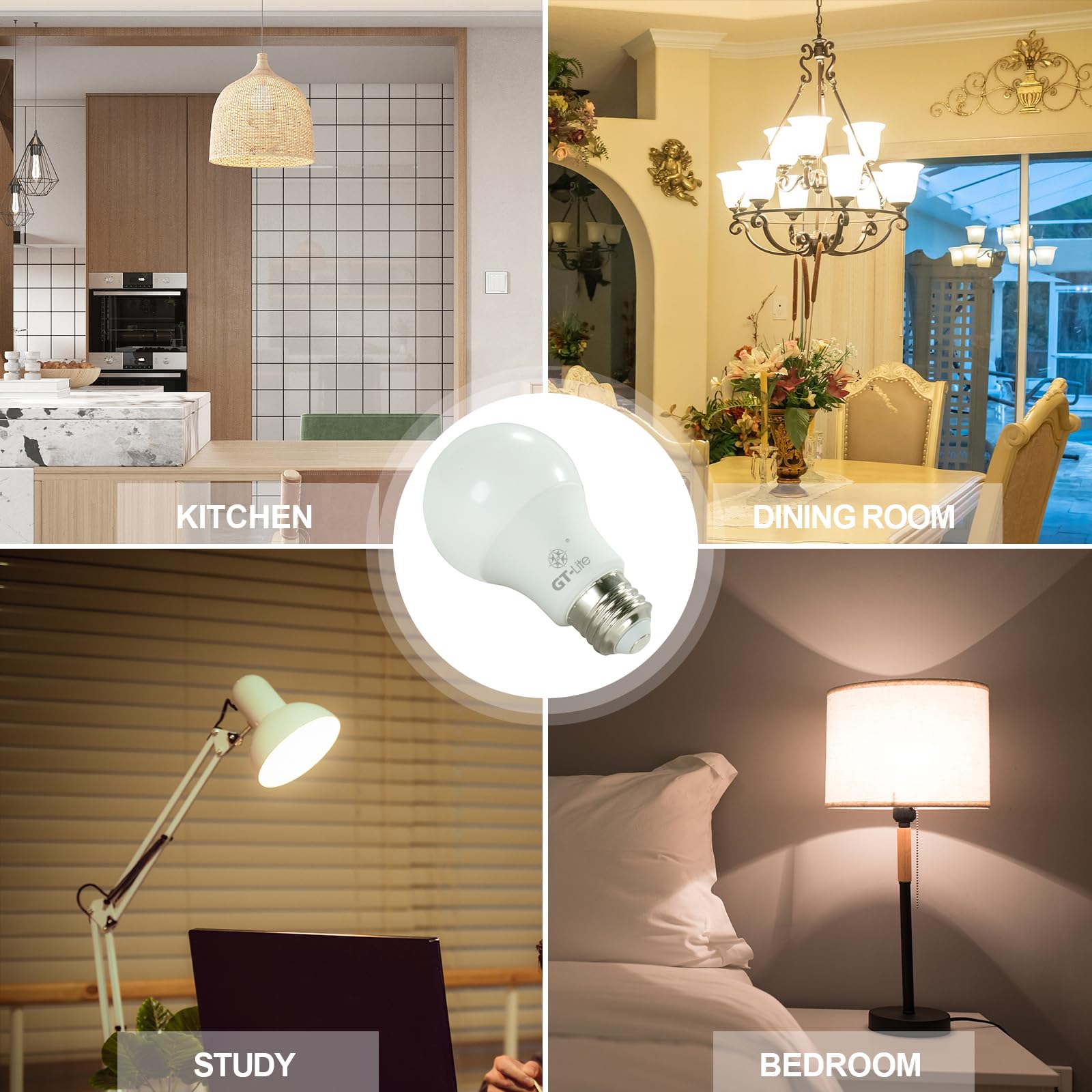 Gt-Lite 100W Equivalent Led 3 Way Light Bulbs 6 Pack,3500K Bright White,A19,E26 Medium Base,3 Brightness Levels,Adjustable With