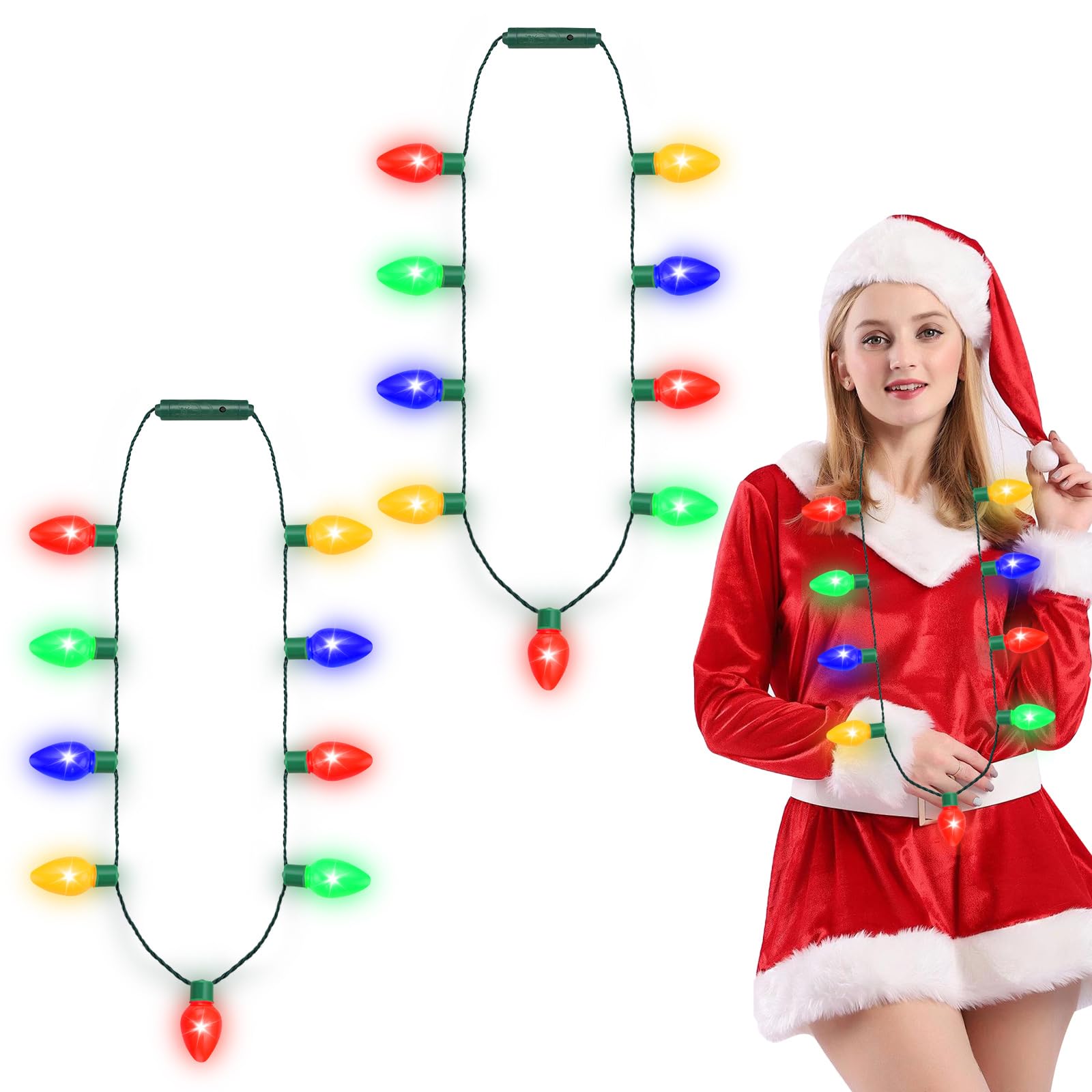 NEARTOP LED Christmas Xmas Light Up Necklace Bulb for Holiday Party Favors 9 LED Bulbs - Ugly Christmas Sweater Accessories (2 P