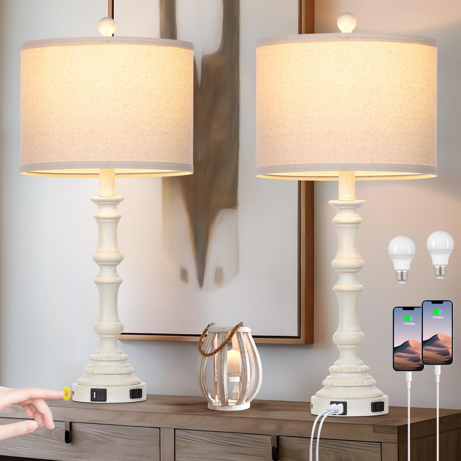 Cinkeda 27.5'' Farmhouse Table Lamps Set of 2 with USB C+A Ports & AC Outlet for Vintage Living Room Retro Bedroom,3-Way Dimmabl